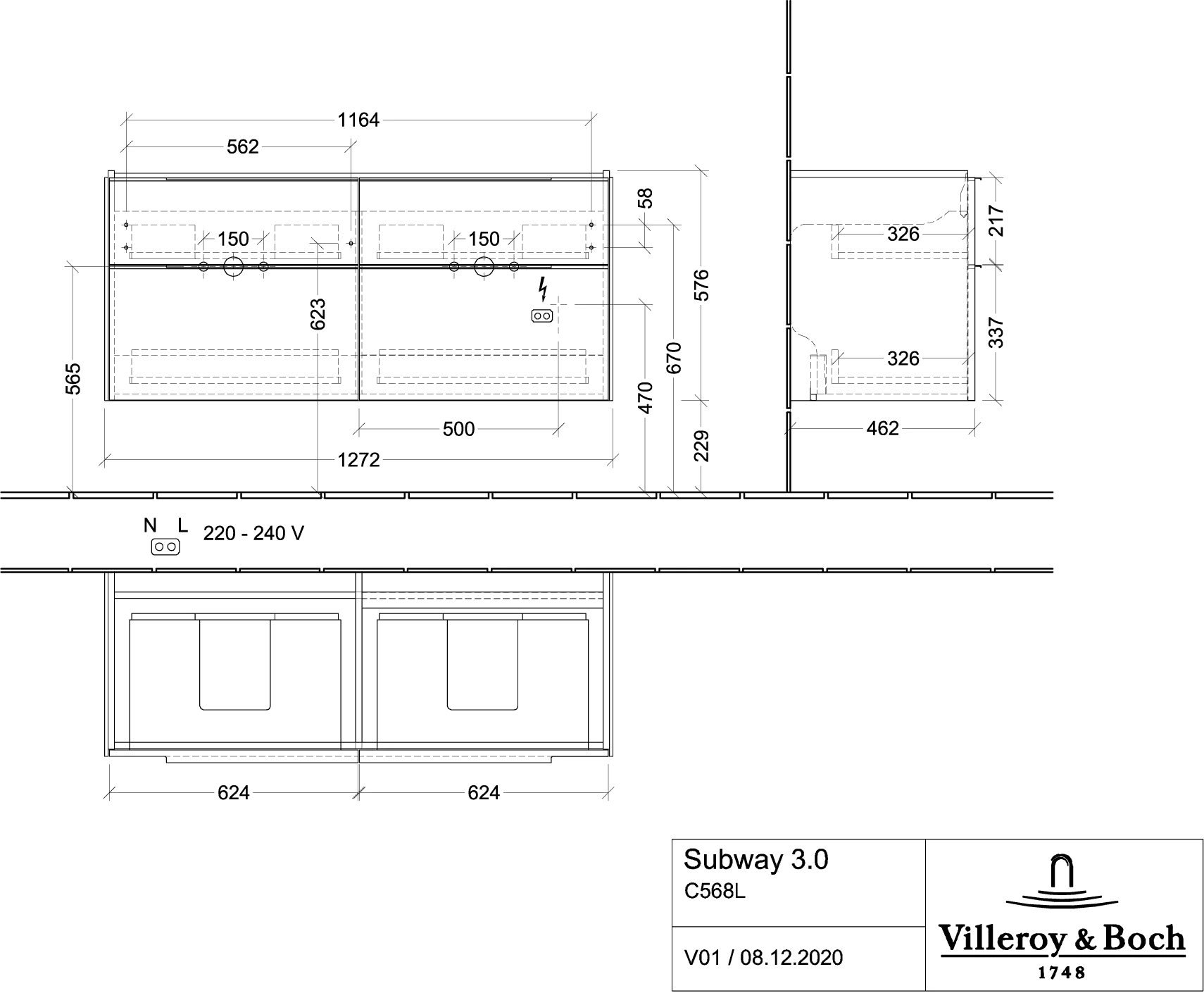 Villeroy & Boch Waschtischunterschrank „Subway 3.0“ für Schrank-Doppelwaschtisch 1272 × 576 × 478 mm Nordic Oak, für links und rechts