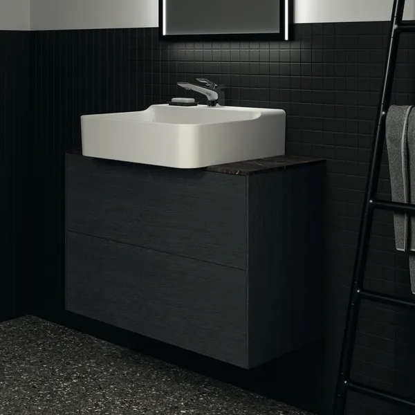 Waschtischplatte Conca, aus Keramik, 802x373x6mm, Marmor Noir Desir