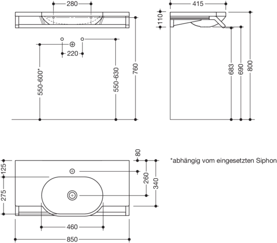 Wandwaschtisch 85 × 44,5 × 11 cm in Schwarz tiefmatt