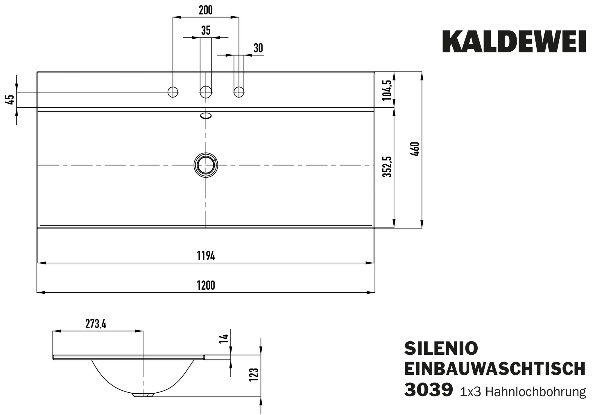 Kaldewei SILENIO Einbauwaschtisch, alpinweiß, Perl-Effekt, 1200 x 460 mm, Randhöhe 14 mm, mit Überlauf und 3er Hahnlochbohrung, chromfarbene Sichtteile