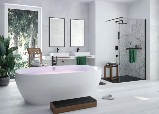 Hoesch Badewanne „iSensi“ Monolith freistehend oval 190 × 120 cm, mit Schürze in Weiß