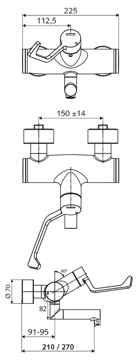 Aufputz-Waschtisch-Armatur VITUS VW-AH-M, Mischwasser, Auf/Kalt/Warm, 2 RFV, Ventil zur Durchführung einer manuellen thermischen Desinfektion (gemäß DVGW Arbeitsblatt W 551), 2x DN 15 G 1/2 AG, Ausladung bis Mitte Strahlregler: 210 mm, chrom