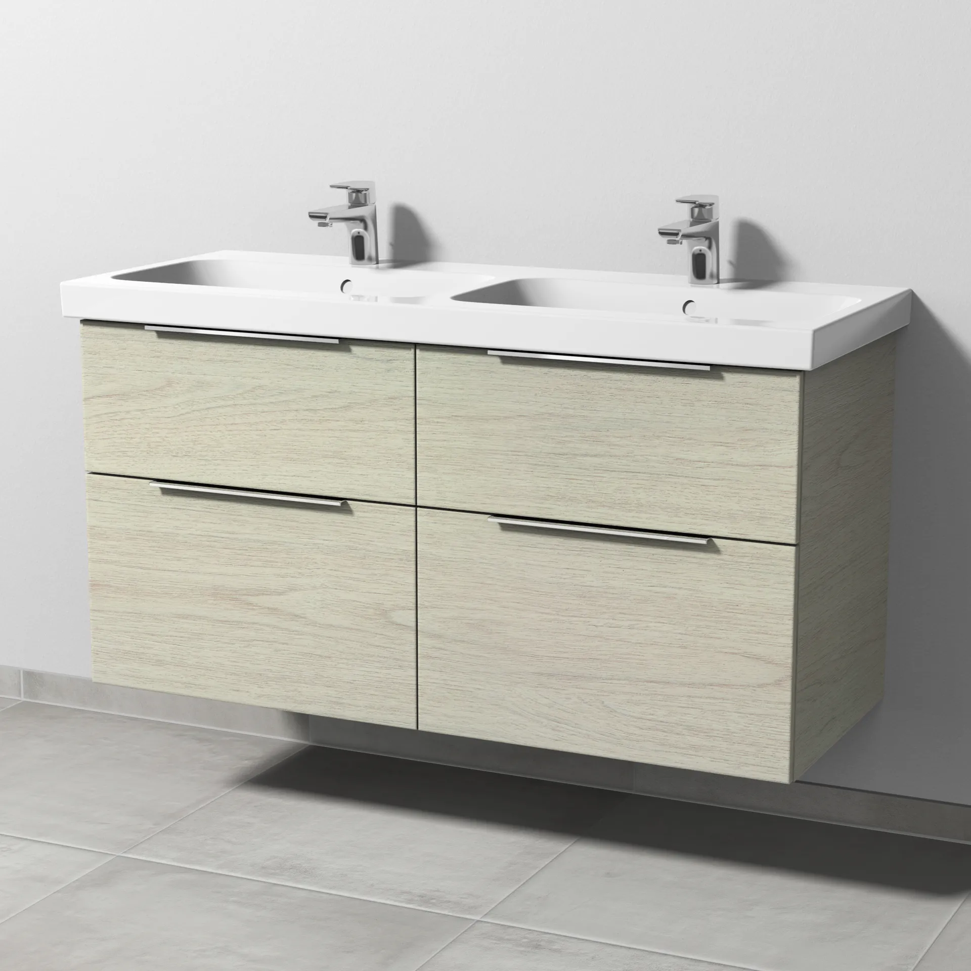 Sanipa Waschtischunterschrank „3way“ passend zu Keramik-Waschtische iCon Light von Geberit 1150 × 591 × 462 mm in White Oak, Becken links und rechts,