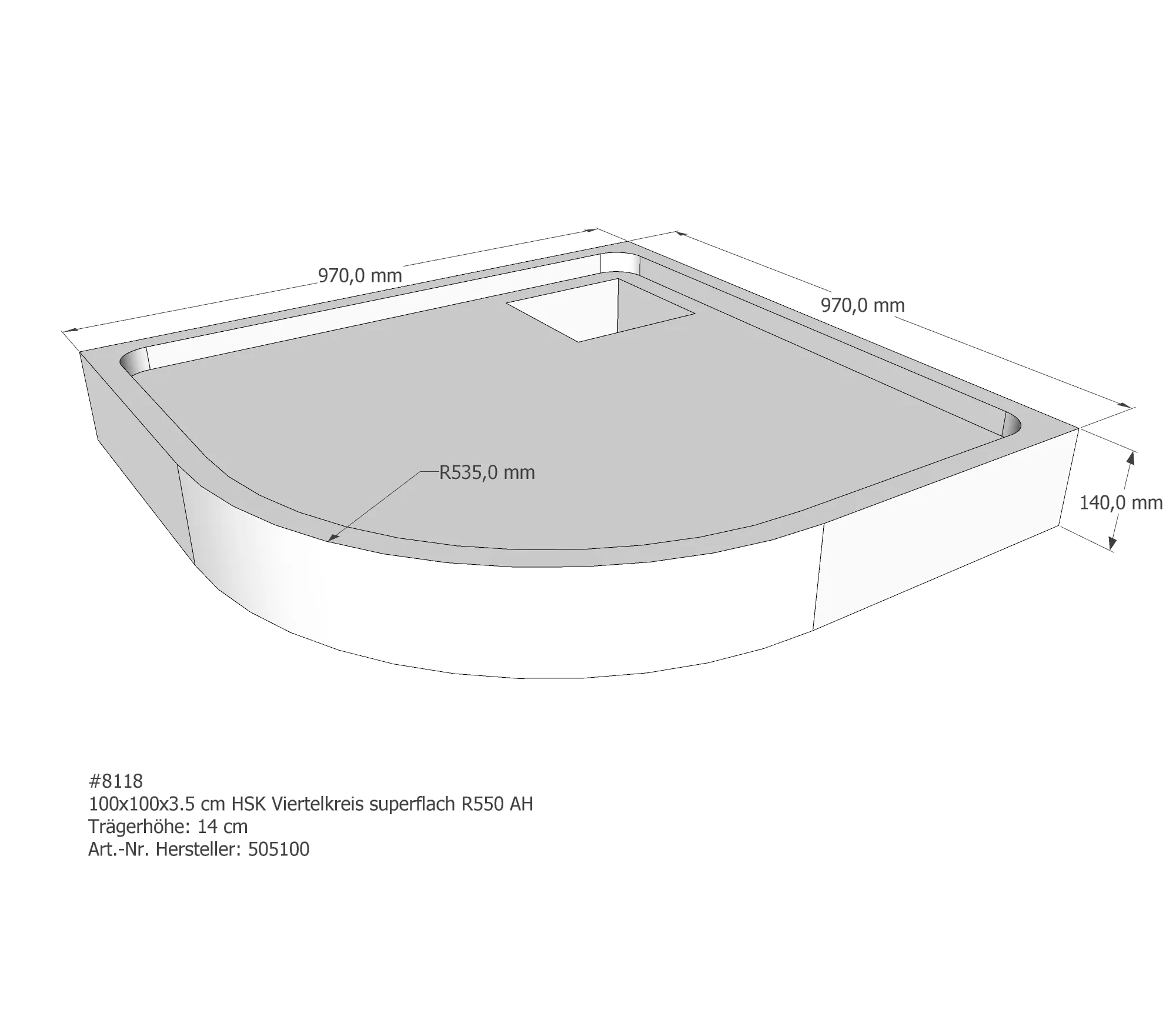 Duschwannenträger passend für HSK Viertelkreis superflach 100 × 100 × 2 cm