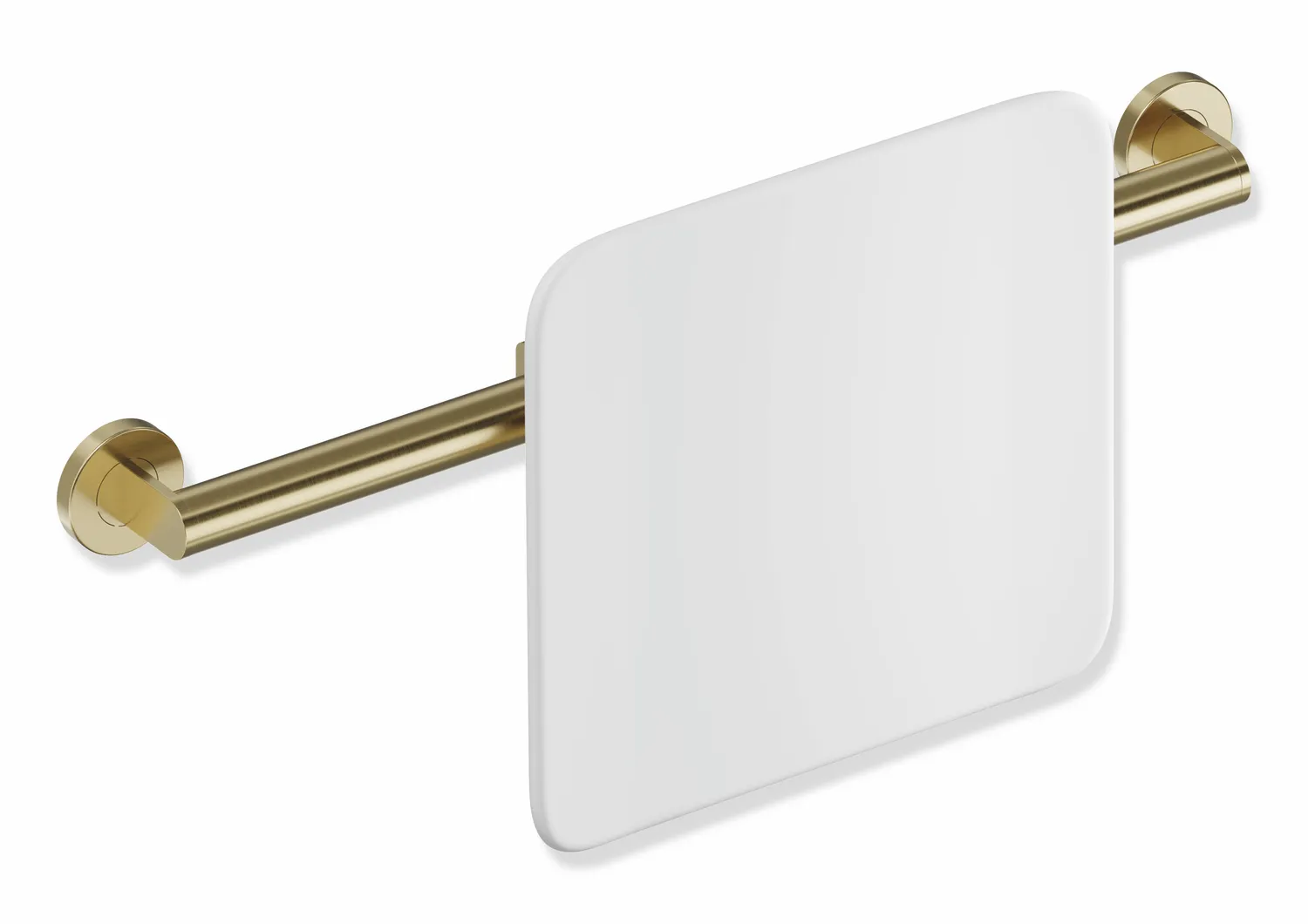 Rückenstütze des Systems 900, Anbindung aus Edelstahl, PVD, Lehne aus Kunststoff, weiß, Achsmaß von 582 bis 682 mm bauseits verstellbar, T: 150 mm, zur Wandmontage, in Farbe CK (messing glänzend)