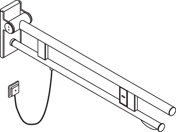 Stützklappgriff Duo, Design A des Systems 900, Edelstahl, PVD, Ausladung 850 mm, mit WC-Papierhalter und Spülauslösung (E-Ausführung), Ausführung links, in Farbe CK (messing glänzend)