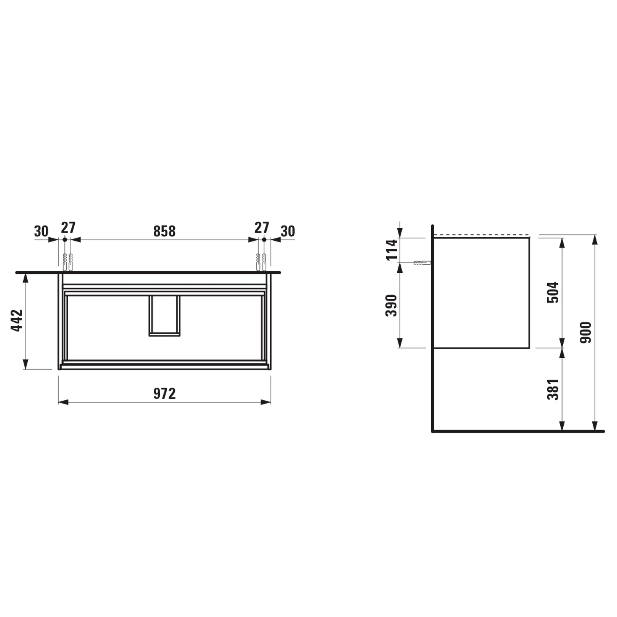 Waschtischunterbau, MEDA, 442x972x504, mit 2 Schubladen, 1 Ordnungssystem, integrierte Griffleiste, Vollauszug und Soft-Close, für Möbelwaschtisch MEDA H814118 (100 cm), weiß matt Waschtischunterbau, MEDA, 442x972x504, mit 2 Schubladen, 1 Ordnungssystem, integrierte Griffleiste, Vollauszug und Soft-Close, für Möbelwaschtisch MEDA H814118 (100 cm), weiß matt