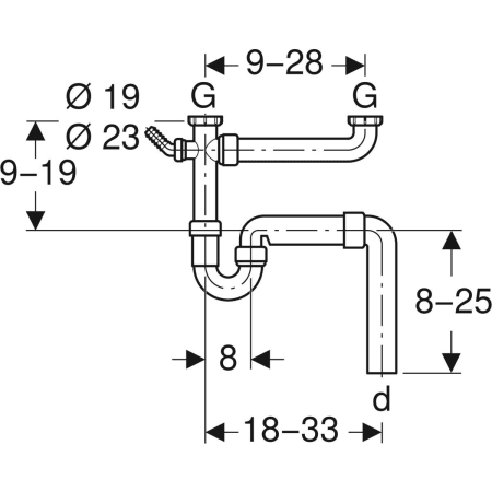 Rohrbogengeruchsverschluss für zwei Spülbecken, mit Winkelschlauchtülle, Abgang vertikal: d=50mm, G=1 1/2″, weiß-alpin