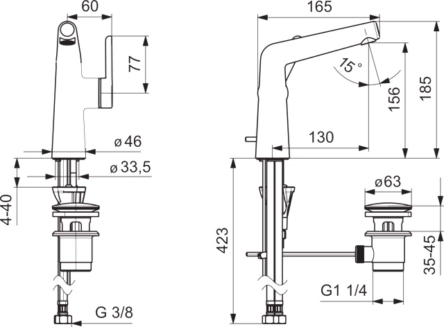 HA Einhebelmischer Waschtischbatterie HANSADESIGNO Style 5189 Zugstangenablaufgarnitur Ausladung 130 mm DN15 Chrom