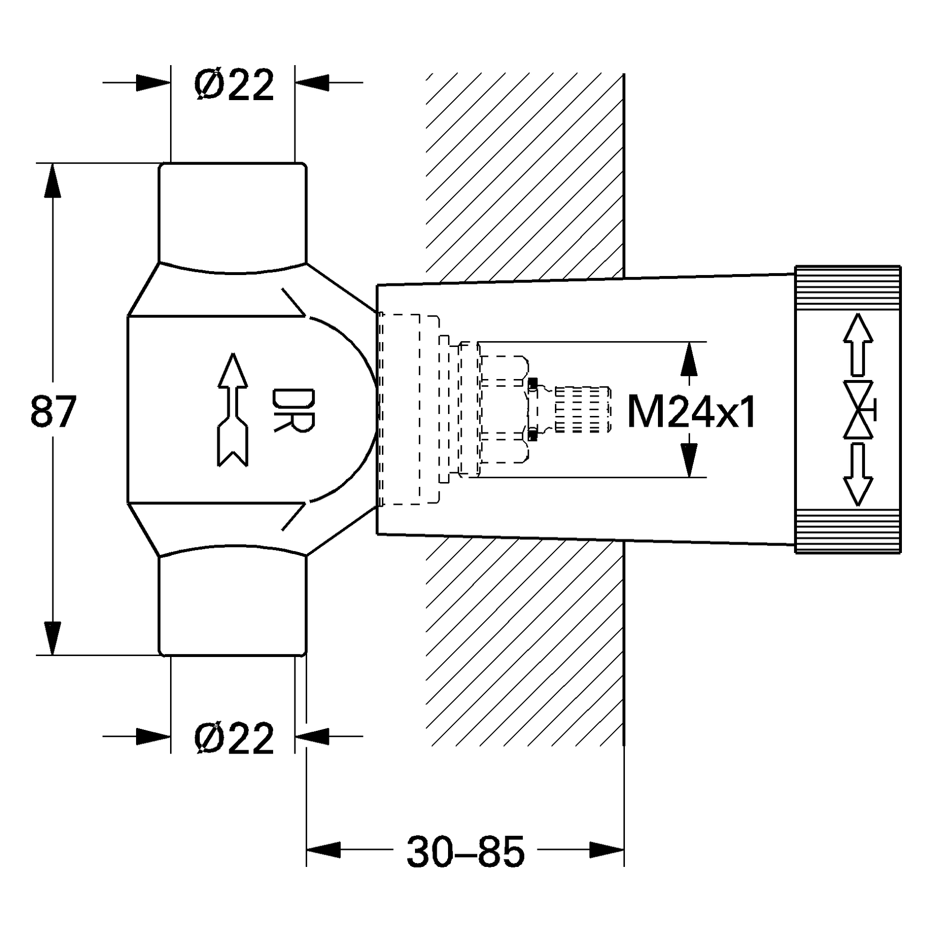 Unterputz-Ventil-Unterteil 29804, DN 20, vormontiertes Oberteil 3/4″, kurze Spindel, Lötanschluss ⌀22 mm