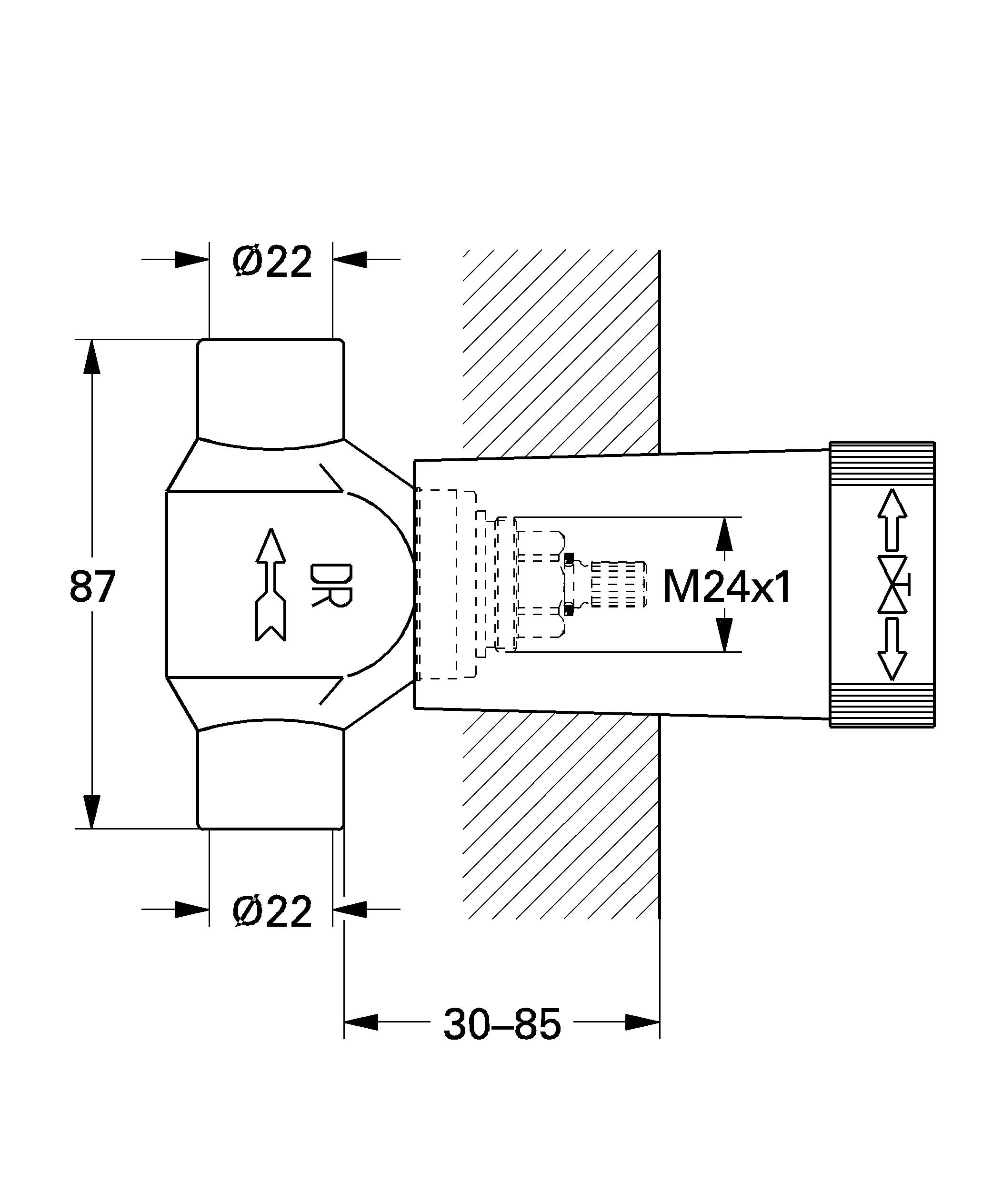 Unterputz-Ventil-Unterteil 29804, DN 20, vormontiertes Oberteil 3/4″, kurze Spindel, Lötanschluss ⌀22 mm