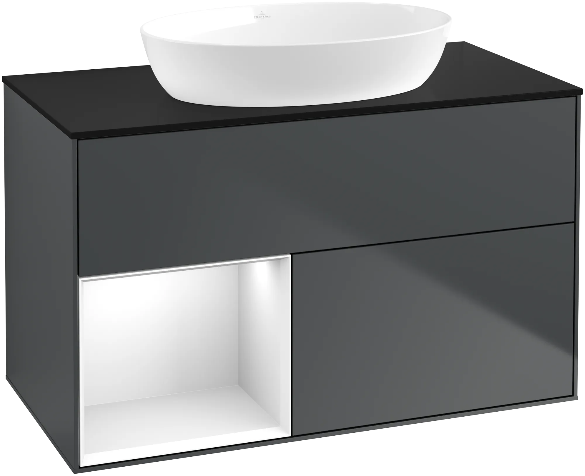 Villeroy & Boch Finion Waschbeckenunterschrank FA1, 1000 x 603 x 501 mm, Midnight Blue Matt Lacquer / Glossy White Lacquer / Glass Black Matt