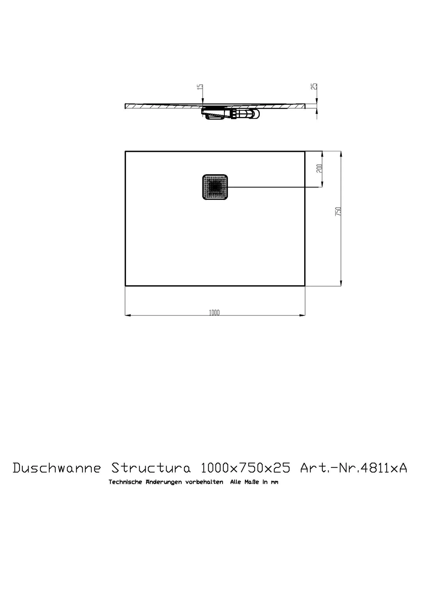 Duschwanne Structura 1000x750x25 in gesoftete Schieferoptik, mit Antirutsch B, Material Solique, Weiß