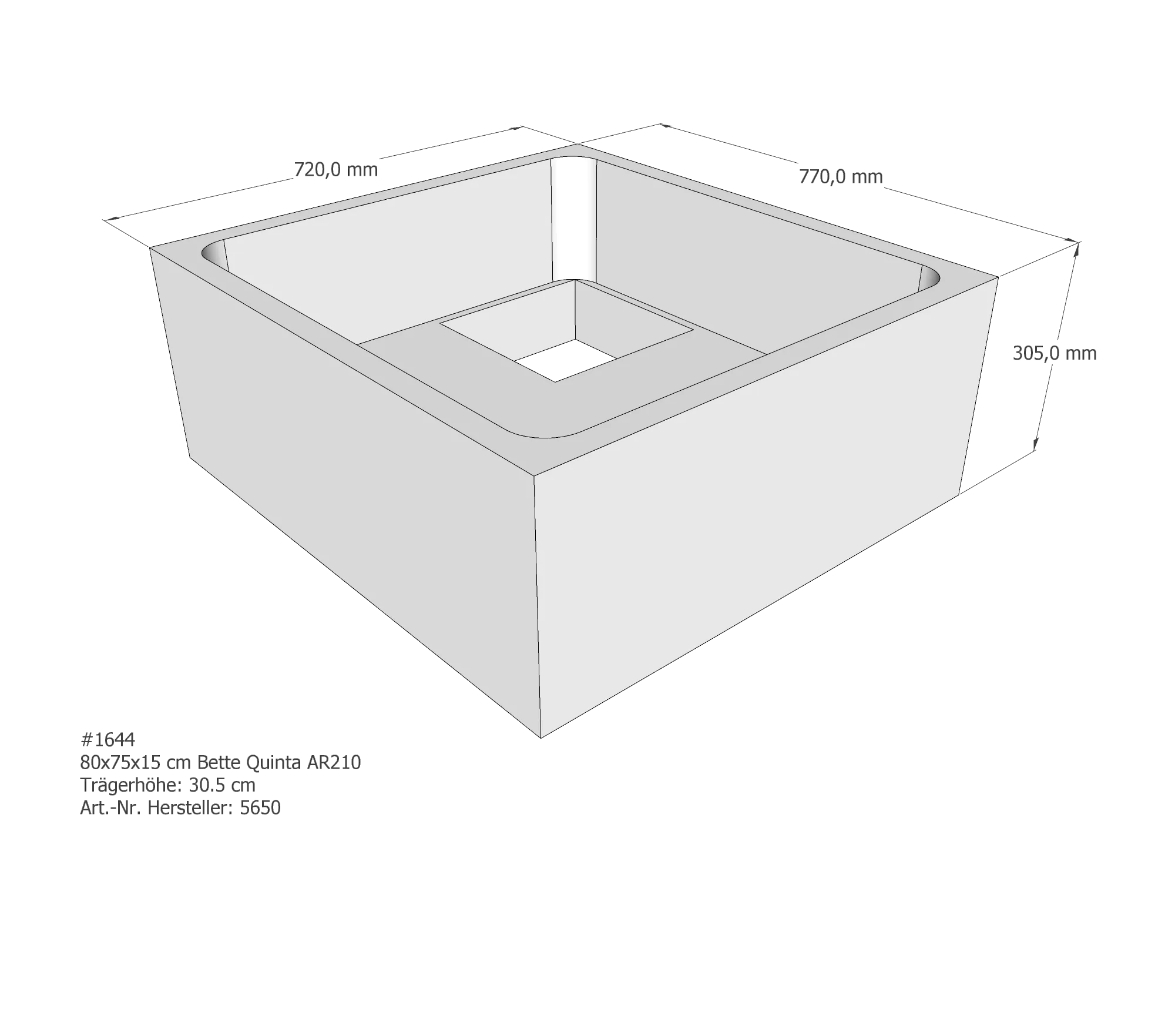 Duschwannenträger für Bette Quinta (flach/Intra) 80 × 75 × 15 cm Breite: 75 cm / Länge: 80 cm