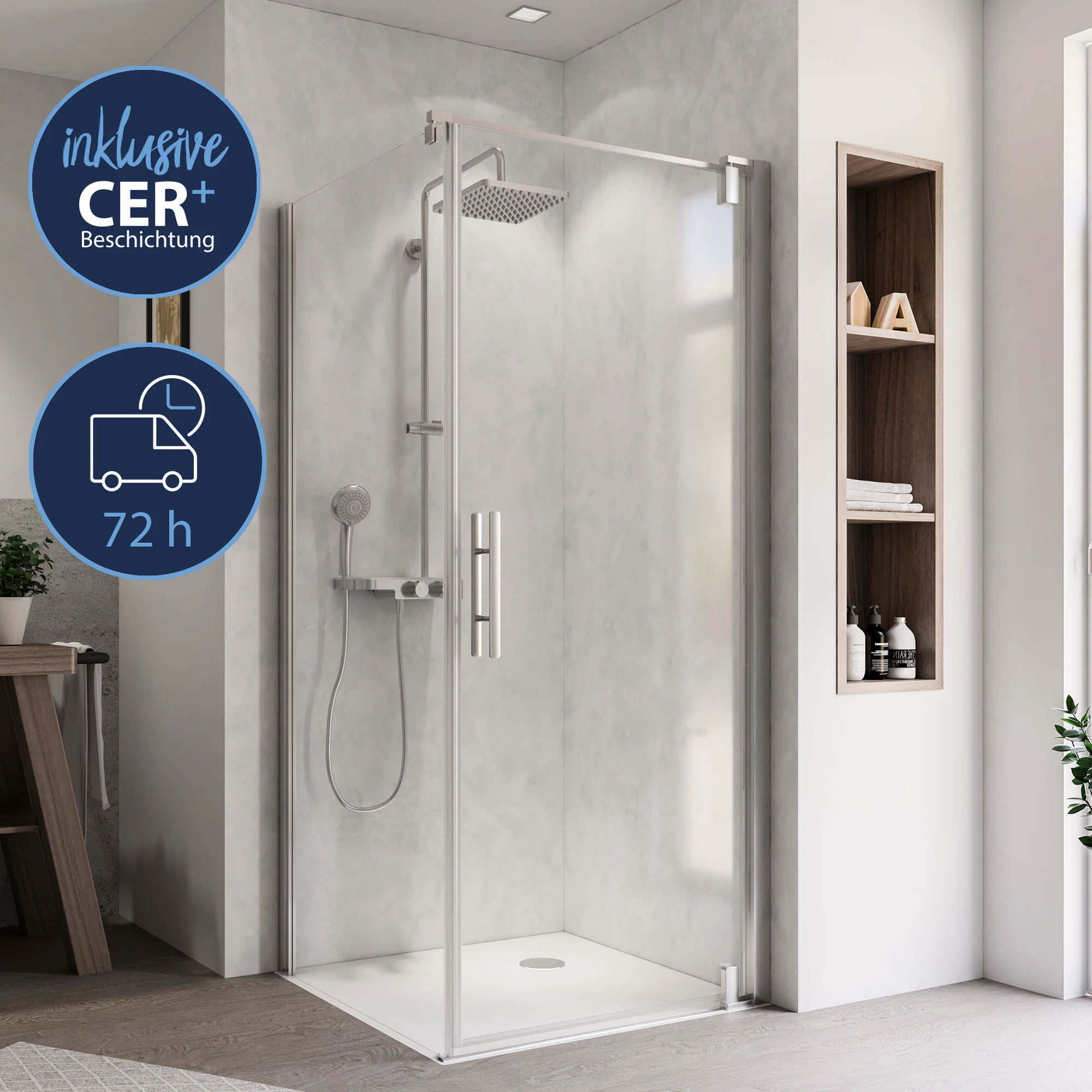 Breuer QUICK 72 Europa Design Seitenwand Anschlag links, alu chromeffekt, 900 mm, 8 mm Sicherheitsglas mit CER+ Glasbeschichtung