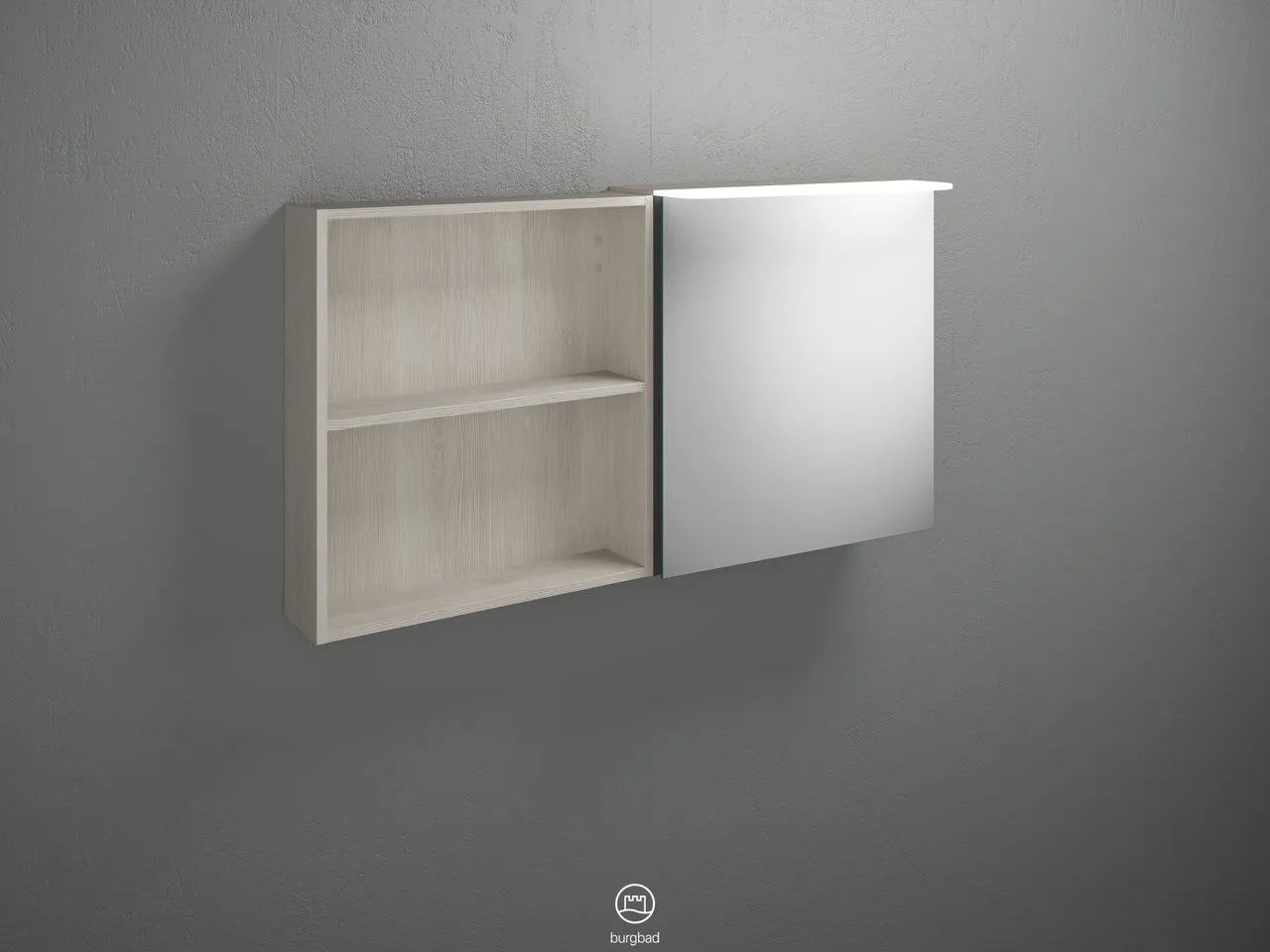 Burgbad Spiegelschrank Badu SFTW120, 310x1200x665 mm, beidseitig verspiegelt, LED-Aufsatzleuchte 4200 K, Schalter-Steckdosenelement