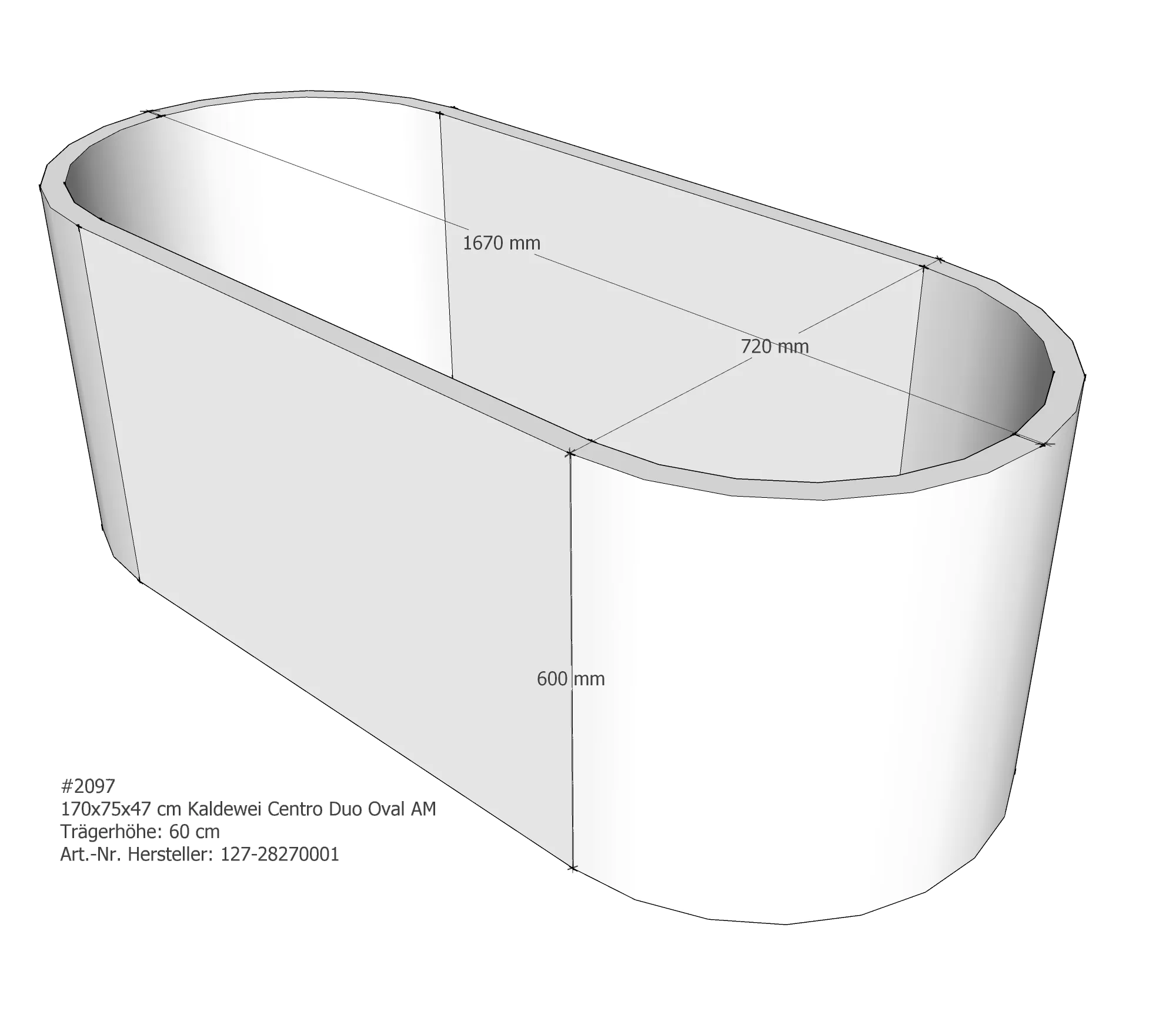 Badewannenträger für Kaldewei Centro Duo Oval 170 × 75 × 47 cm Breite: 75 cm / Länge: 170 cm