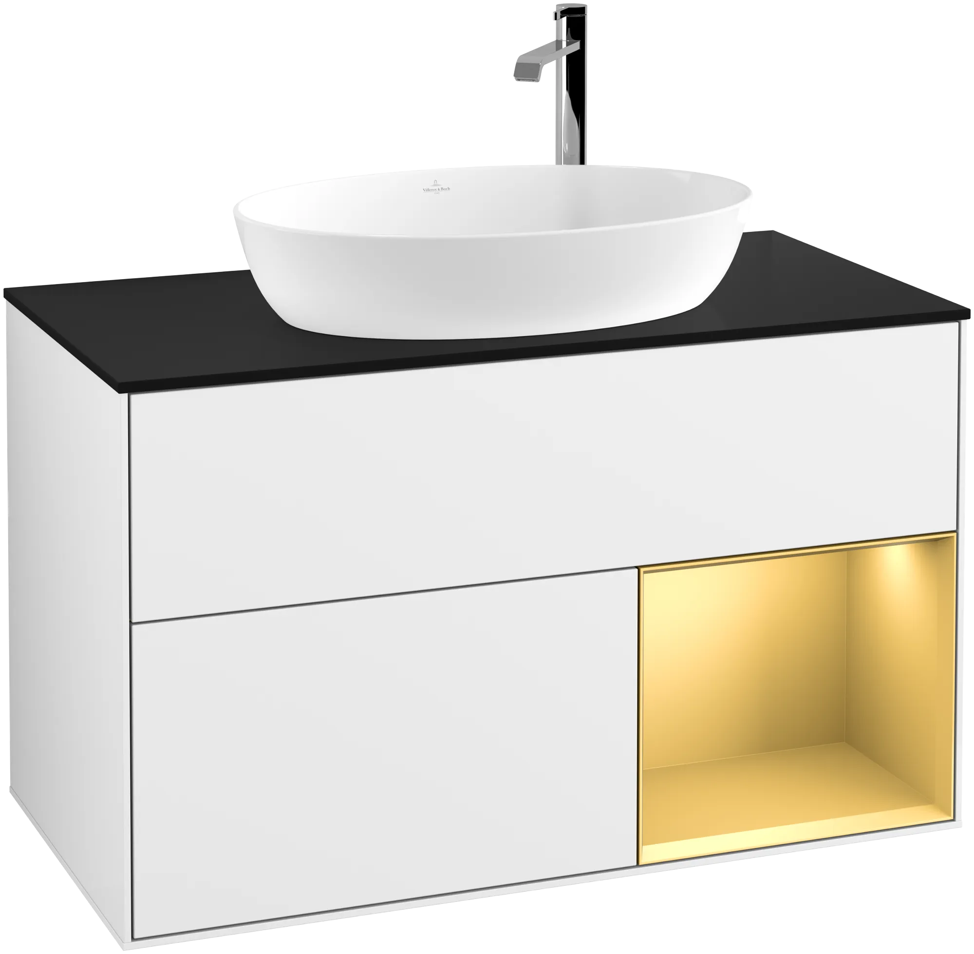 Villeroy & Boch Finion Waschbeckenunterschrank G90 1000x603x501mm Glossy White Lacquer / Gold Matt Lacquer / Glass Black Matt