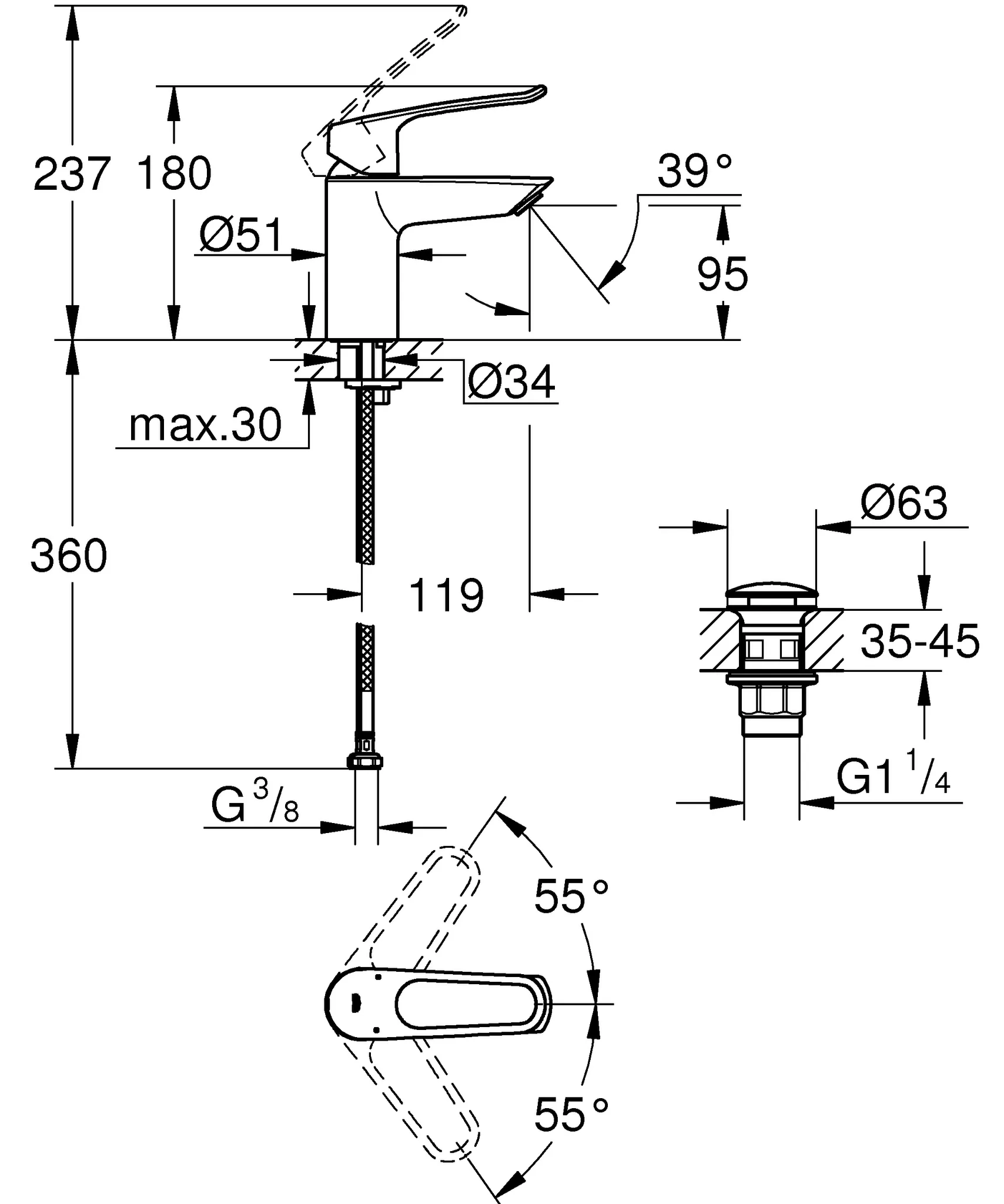 Einhand-Waschtischbatterie Eurosmart 23980_3, S-Size, offener Metall-Hebelgriff, Einlochmontage, Temperaturbegrenzer, glatter Körper mit Push-open Ablaufgarnitur, chrom Einhand-Waschtischbatterie Eurosmart 23980_3, S-Size, offener Metall-Hebelgriff, Einlochmontage, Temperaturbegrenzer, glatter Körper mit Push-open Ablaufgarnitur, chrom
