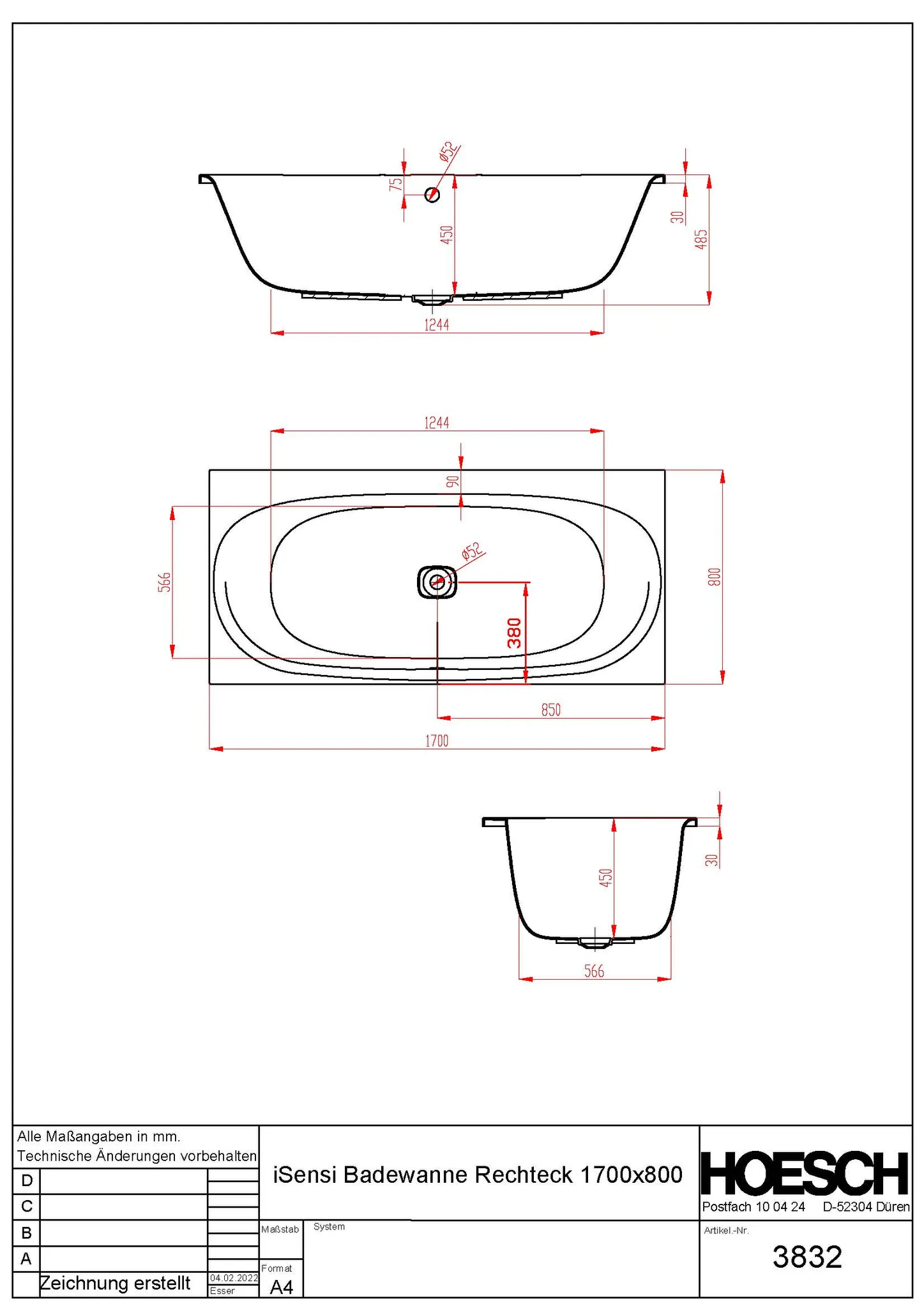 Hoesch Badewanne „iSensi“ rechteck 1700 × 800 mm
