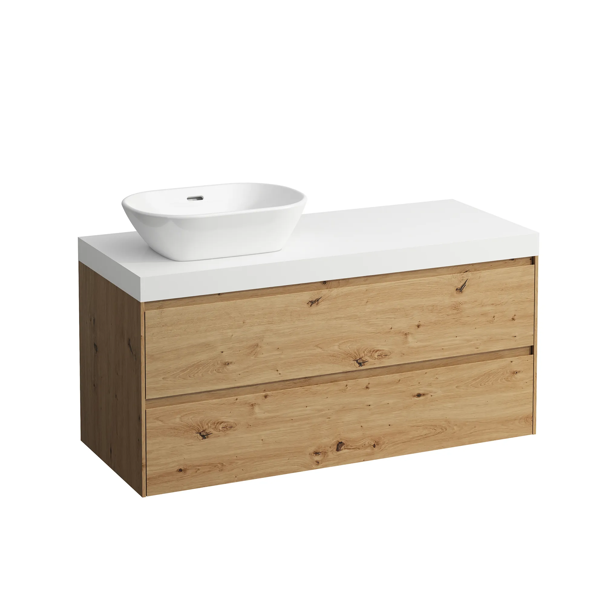 Waschtischunterbau+Waschtischplatte (MODULAR SYSTEM) LANI 495x1185x580 mit Ausschnitt links Abdeckplatte 65 mm (Farbe: .260 weiß matt), mit 2 Schubladen integrierter Griffleiste Vollauszug und Soft-Close weiß matt