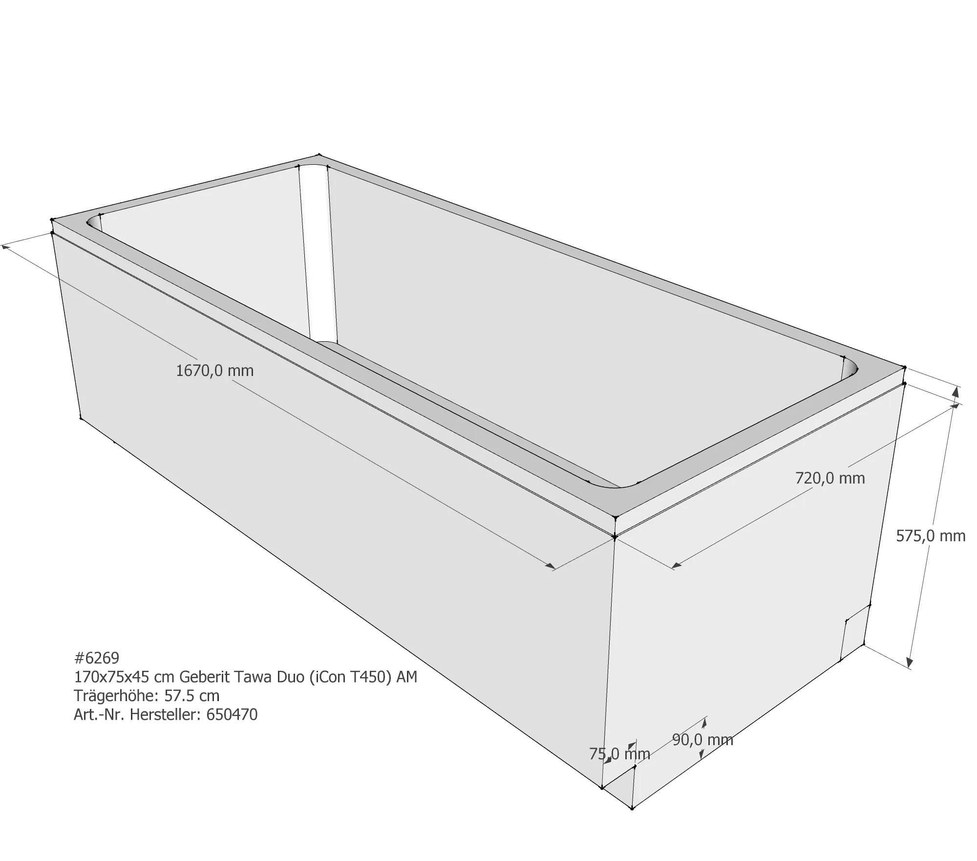Badewannenträger passend für Geberit Tawa Duo (iCon T450) 170 × 75 × 45 cm Badewannenträger passend für Geberit Tawa Duo (iCon T450) 170 × 75 × 45 cm