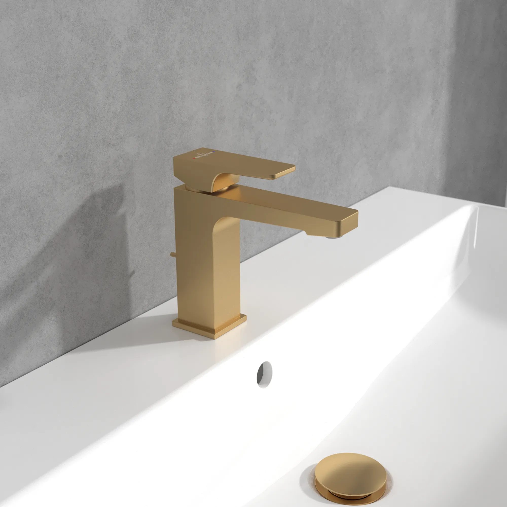 Einhand-Waschtischarmatur „Architectura Square“ 16,5 cm Ausladung 130 mm in Brushed Gold Einhand-Waschtischarmatur „Architectura Square“ 16,5 cm Ausladung 130 mm in Brushed Gold