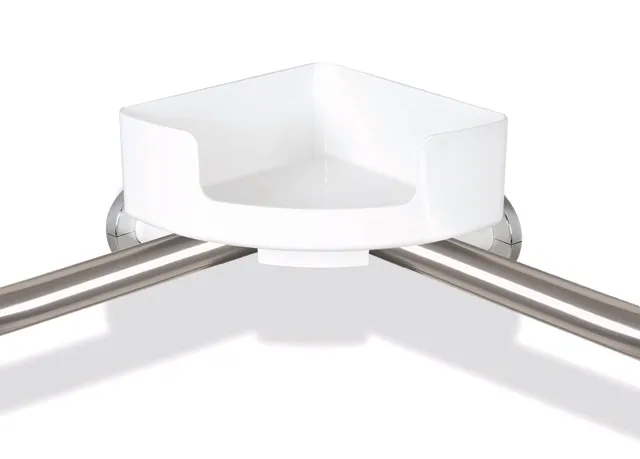 Eckablage der Serie 802 LifeSystem, Polyamid, zum Aufstecken auf Stangensystem D: 33 mm, Seitenlängen 210 mm, 120 mm hoch, in Farbe 99 (Reinweiß) Eckablage der Serie 802 LifeSystem, Polyamid, zum Aufstecken auf Stangensystem D: 33 mm, Seitenlängen 210 mm, 120 mm hoch, in Farbe 99 (Reinweiß)