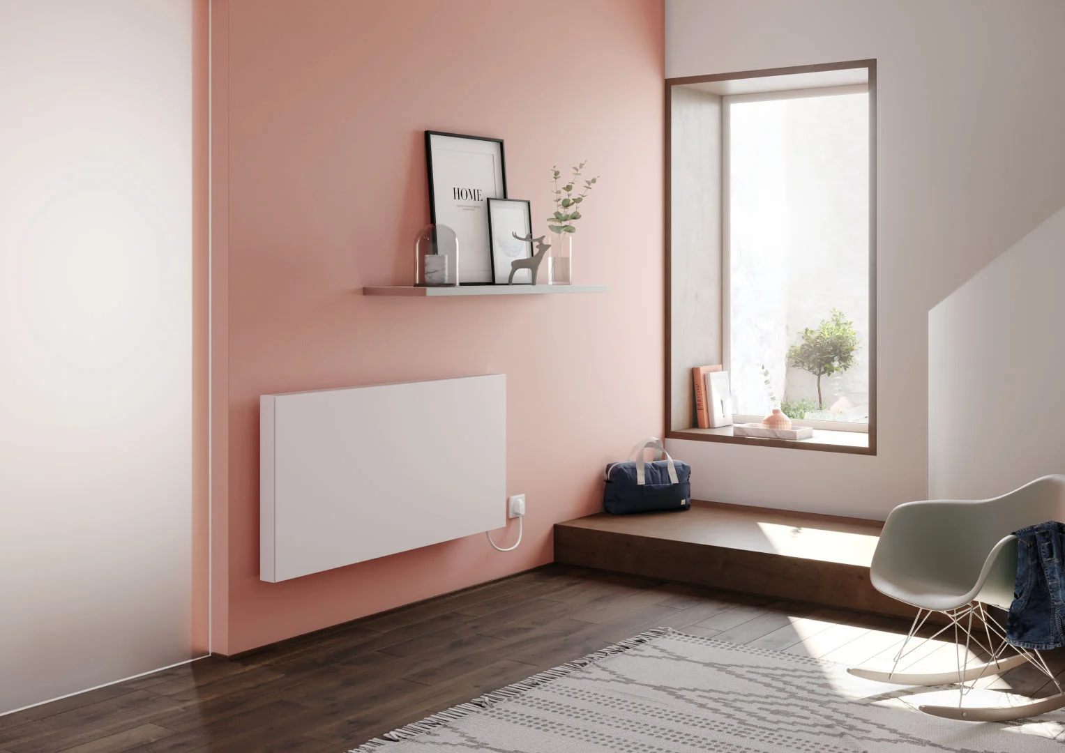 Flachheizkörper E-Panel Plan horizontal Typ 21, HxLxT: 600x1000x74 mm, Farbe: Weiß RAL 9016 seidenglanz, Reglertyp: ohne Regler Elektroset: 1500 Watt, Schutzkl.: 2, Stecker: ohne Stecker, Winkelkonsole lang