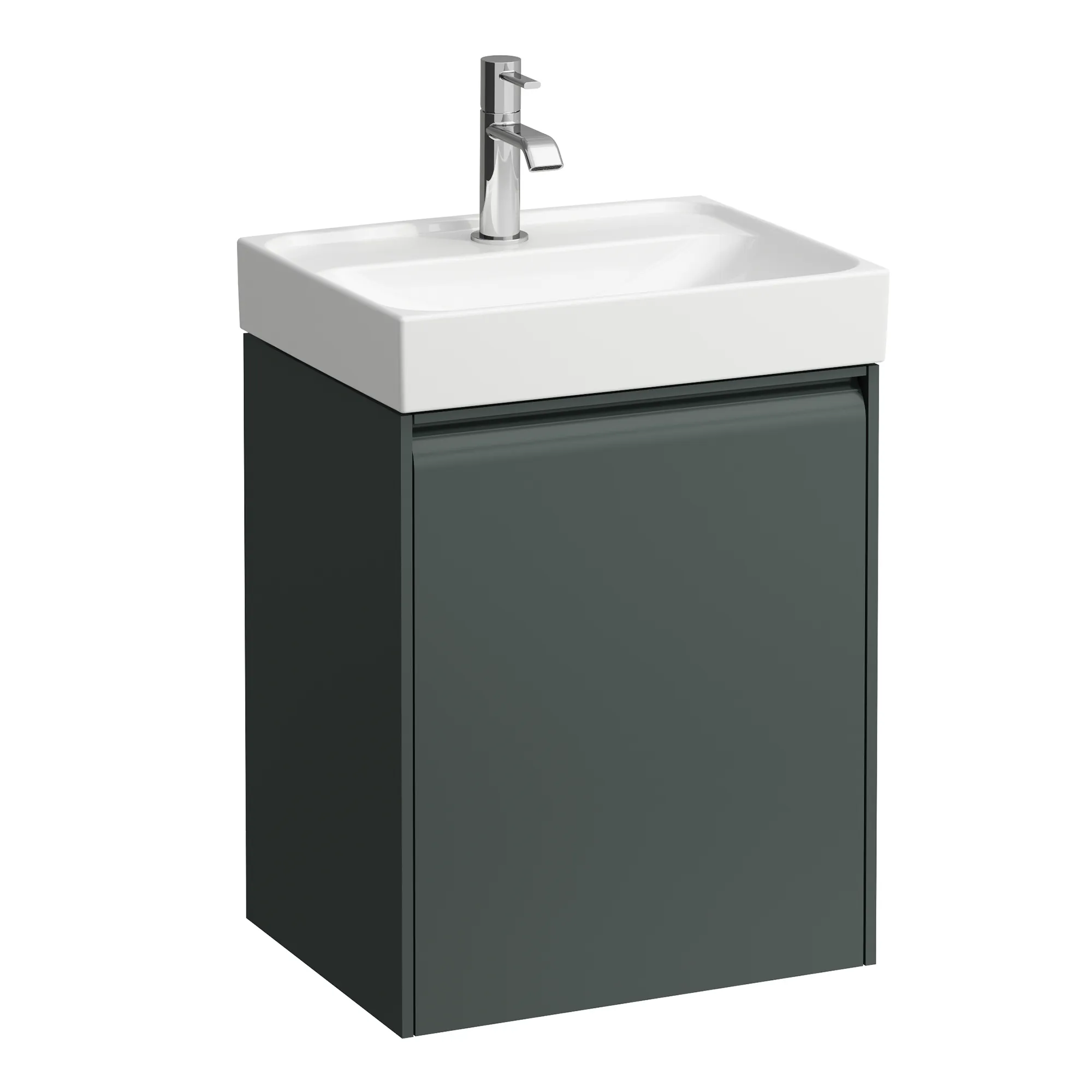 Waschtischunterbau, MEDA, 339x437x515, 1 Tür Scharnier links, integrierte Griffleiste, Soft-Close, 1 Glasablage (fix), für Handwaschbecken MEDA