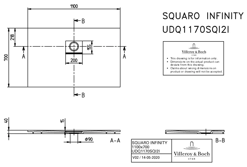 Villeroy & Boch rechteck Duschwanne „Squaro Infinity“ nur flächenbündige Installation 110 × 70 cm