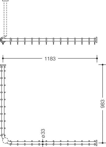 Vorhangstange der Serie 801, Polyamid, matt, Achsmaß 983 x 1183 mm, kürzbar, Deckenabhängung erforderlich, D: 33 mm, mit 24 Vorhangringen, in Farbe 92 (Anthrazitgrau) Vorhangstange der Serie 801, Polyamid, matt, Achsmaß 983 x 1183 mm, kürzbar, Deckenabhängung erforderlich, D: 33 mm, mit 24 Vorhangringen, in Farbe 92 (Anthrazitgrau)