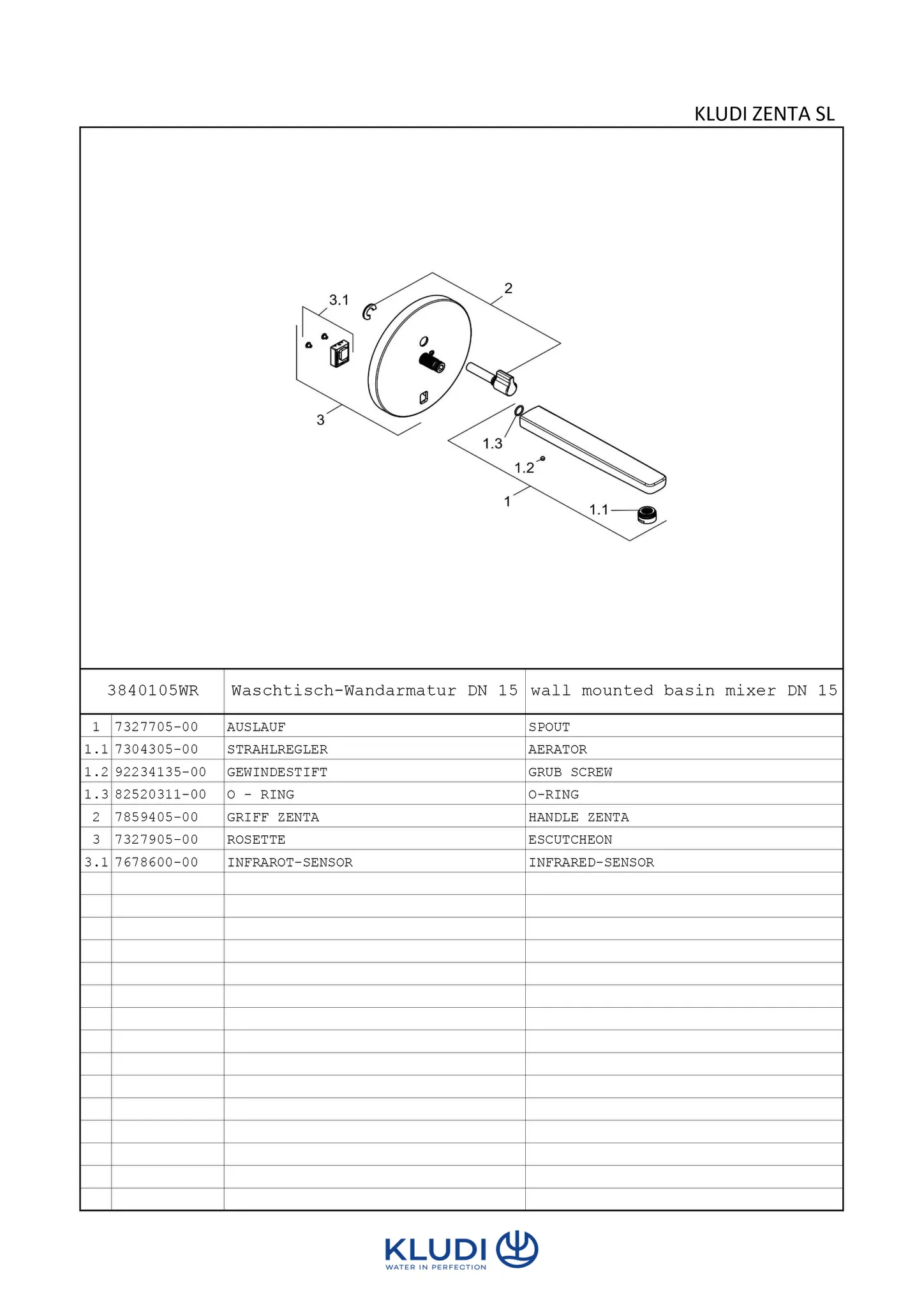 Kludi ZENTA SL E UP-Wandarmatur, rund mit Mischhebel, 240mm Ausl. 1,9L chrom Kludi ZENTA SL E UP-Wandarmatur, rund mit Mischhebel, 240mm Ausl. 1,9L chrom