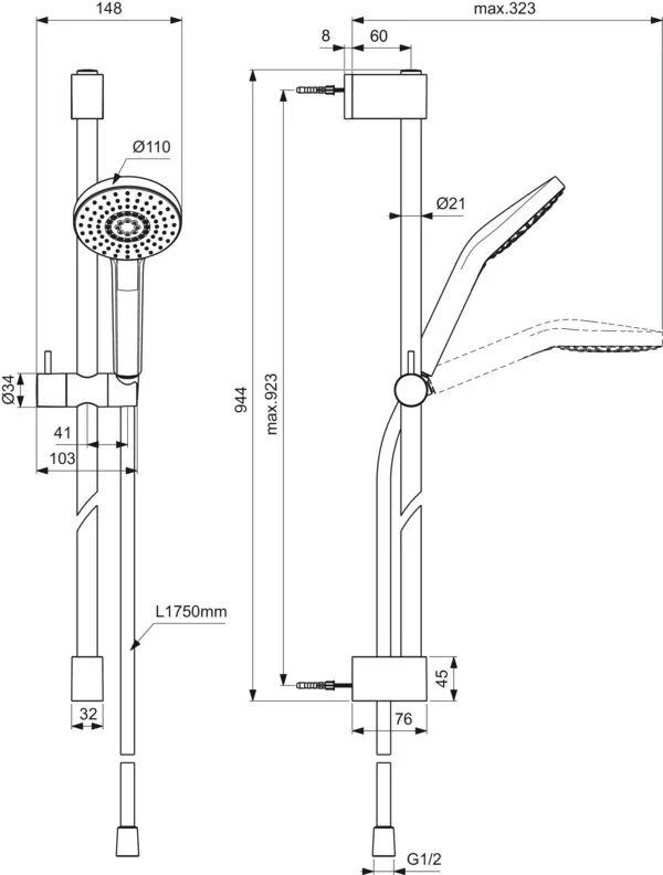 Ideal Standard IdealRain Brausekombination Idealrain Evo, 944mm, 3-Funktions-Handbrause, Ø 100mm, 8l, Chrom Ideal Standard IdealRain Brausekombination Idealrain Evo, 944mm, 3-Funktions-Handbrause, Ø 100mm, 8l, Chrom
