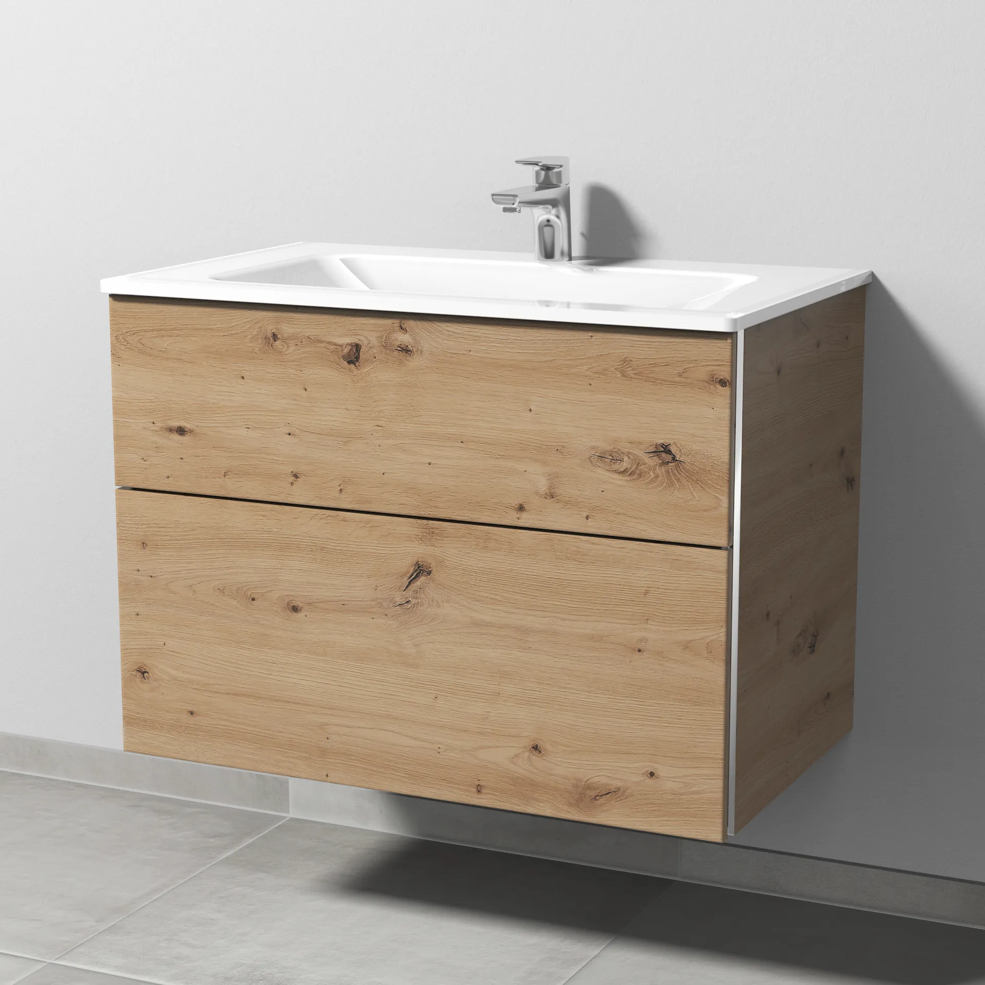 Sanipa Glas-Waschtisch-Set mit Waschtischunterschrank „3way“ 80 × 48,7 × 58,2 cm in Eiche Natural-Touch
