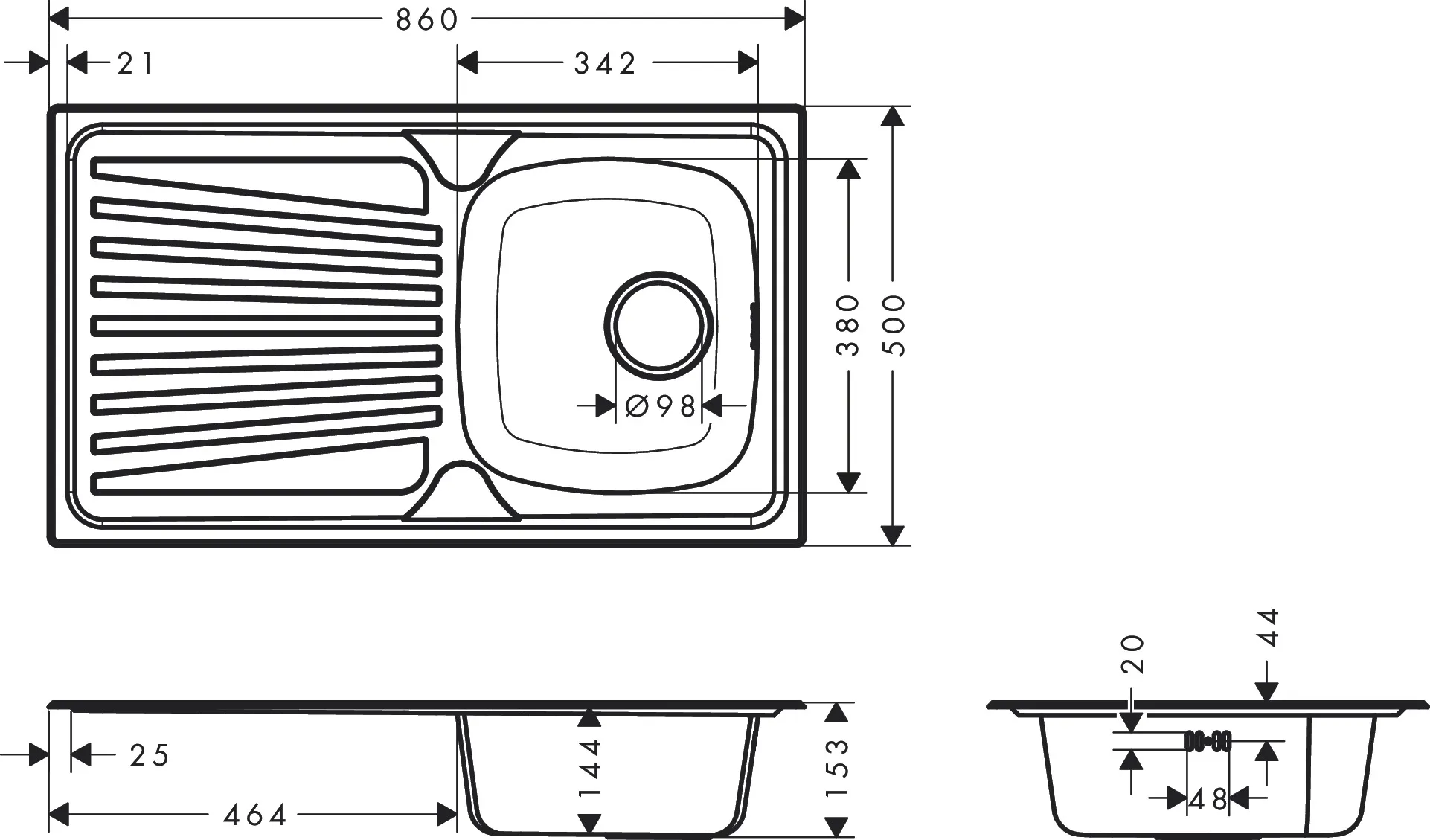 Hansgrohe S21 Spülen Edelstahl, Einbauspüle 342 mit Abtropffläche und manueller Ablaufgarnitur Hansgrohe S21 Spülen Edelstahl, Einbauspüle 342 mit Abtropffläche und manueller Ablaufgarnitur