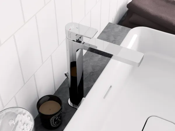 Waschtischarmatur Edge, Slim, mit verlängerter Sockel, mit Ablaufgarnitur, 5l/min, BlueStart, Chrom Waschtischarmatur Edge, Slim, mit verlängerter Sockel, mit Ablaufgarnitur, 5l/min, BlueStart, Chrom