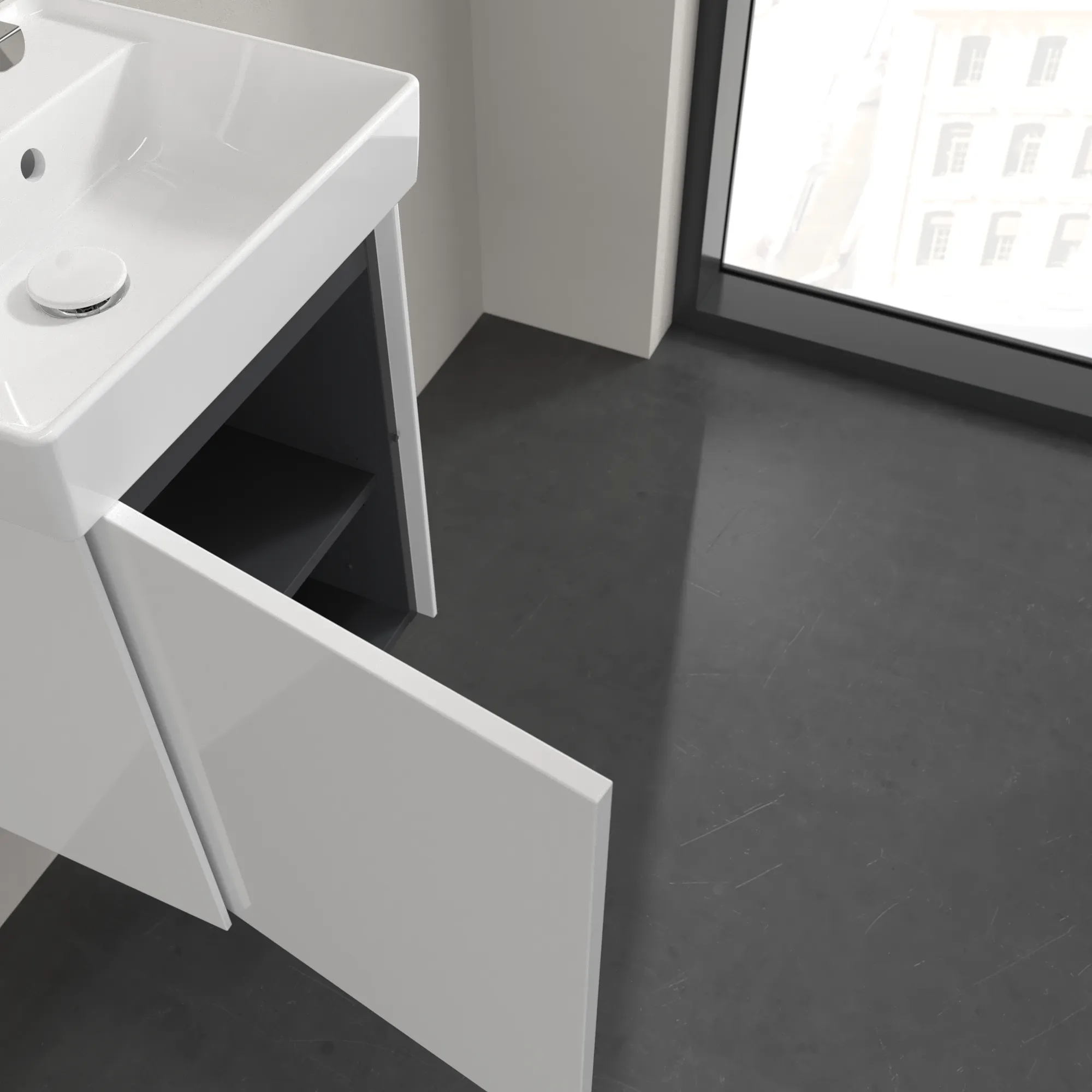 Villeroy & Boch Waschtischunterschrank mit Tür „Collaro“ 410 × 546 × 344 mm Glossy White, für Becken mittig, Anschlag links, ohne Beleuchtung