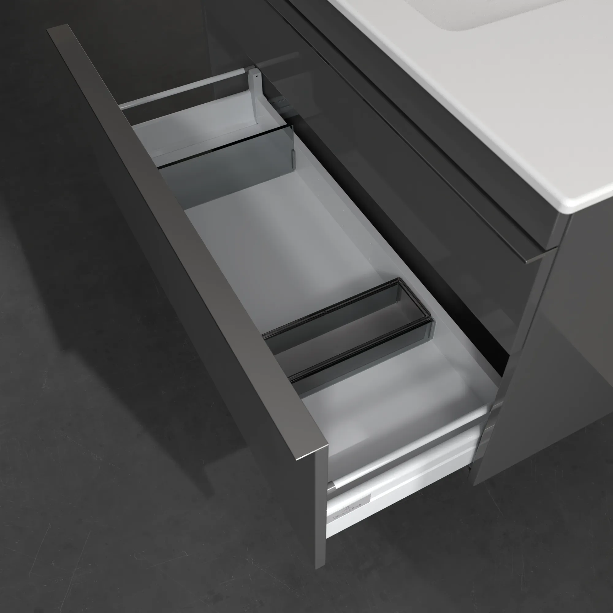 Villeroy & Boch Waschtischunterschrank „Venticello“ für Schrankwaschtisch 953 × 590 × 502 mm Glossy Grey, für Becken links Villeroy & Boch Waschtischunterschrank „Venticello“ für Schrankwaschtisch 953 × 590 × 502 mm Glossy Grey, für Becken links