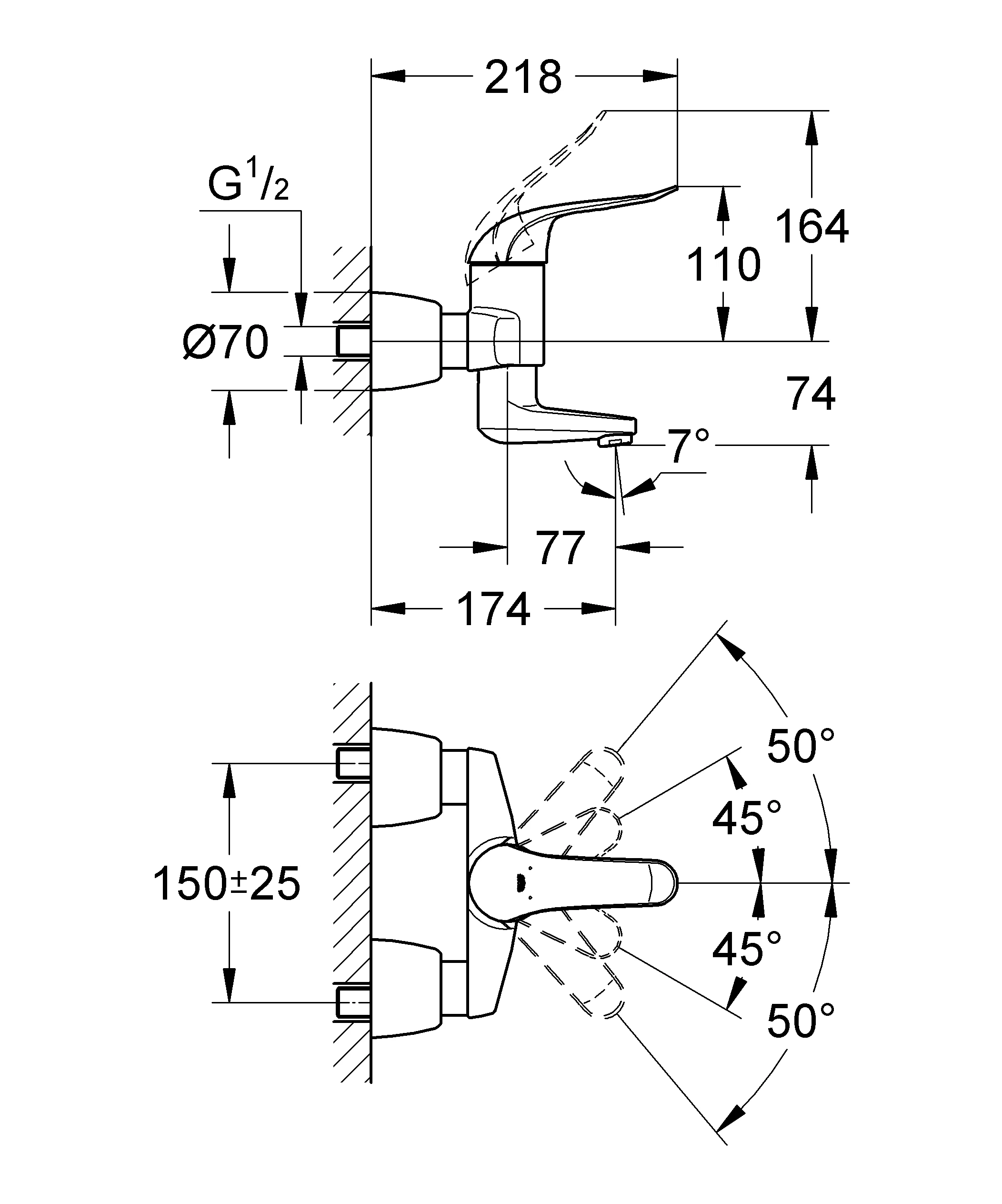 Einhand-Waschtischbatterie Euroeco Special 32768, Wandmontage, Ausladung 174 mm, 46 mm Keramikkartusche, Hebellänge 120 mm, chrom