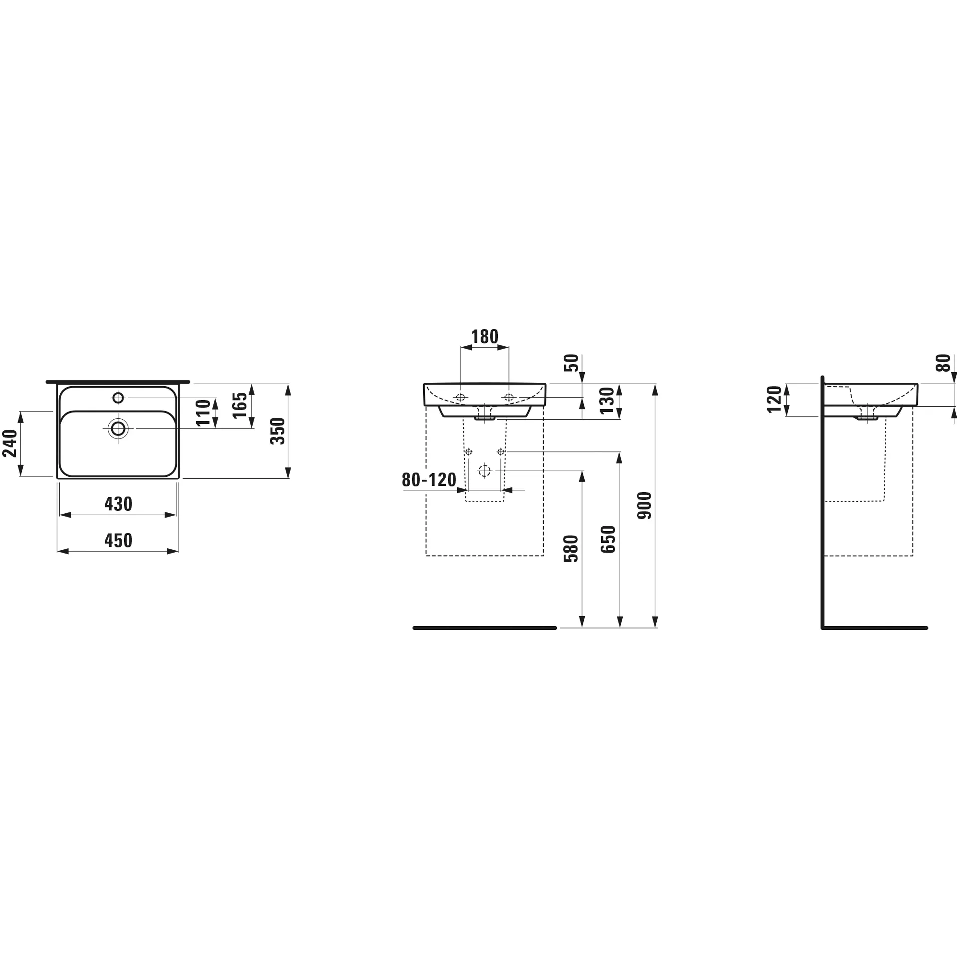 Handwaschbecken, MEDA, 350x450x130, 1 Hahnloch mit Überlauf, weiß
