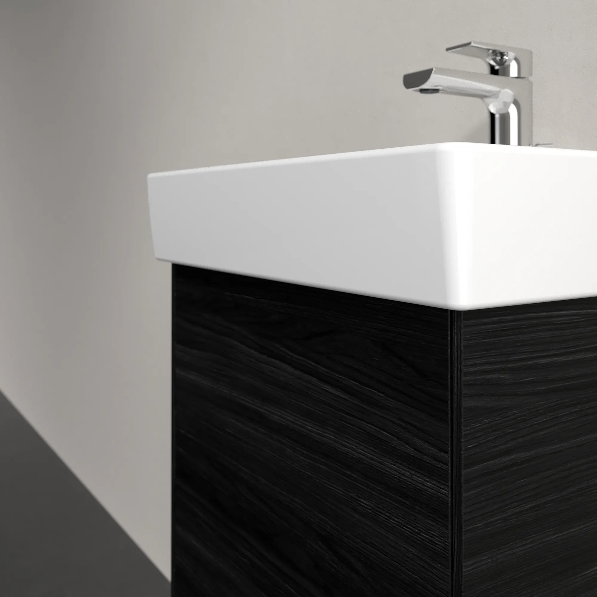 Villeroy & Boch Waschtischunterschrank mit Tür „Collaro“ 410 × 546 × 344 mm Black Oak, für Becken mittig, Anschlag rechts, ohne Beleuchtung Villeroy & Boch Waschtischunterschrank mit Tür „Collaro“ 410 × 546 × 344 mm Black Oak, für Becken mittig, Anschlag rechts, ohne Beleuchtung