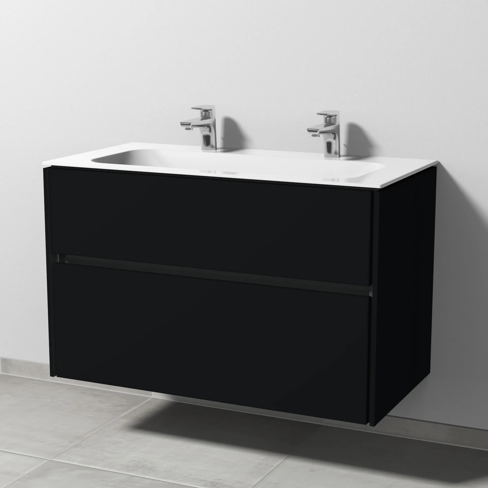 Keramik-Waschtisch-Set mit Waschtischunterschrank „Twiga“ 99 × 50 × 61 cm in Schwarz (matt), ohne Beleuchtung, mit Hahnlochbohrung Keramik-Waschtisch-Set mit Waschtischunterschrank „Twiga“ 99 × 50 × 61 cm in Schwarz (matt), ohne Beleuchtung, mit Hahnlochbohrung