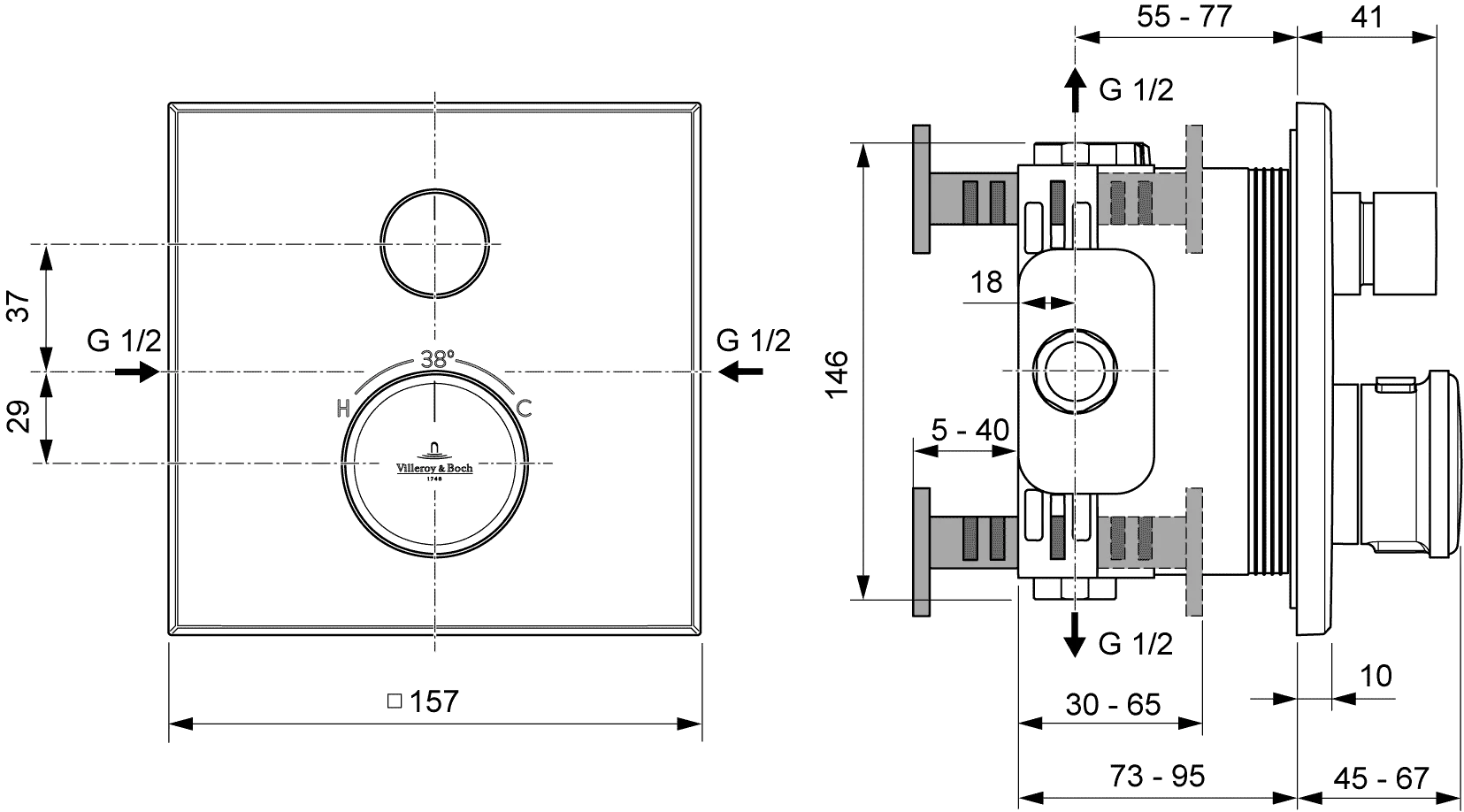 Villeroy & Boch Unterputz-Thermostat Vea, 157x45x157 mm, Matt Black Villeroy & Boch Unterputz-Thermostat Vea, 157x45x157 mm, Matt Black