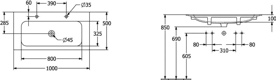 Villeroy & Boch Schrankwaschtisch aus TitanCeram „Finion“ 1000 × 500 × 160 mm, Hahnlochposition links und rechts, mit Hahnlochbohrung in Weiß Alpin, mit CeramicPlus