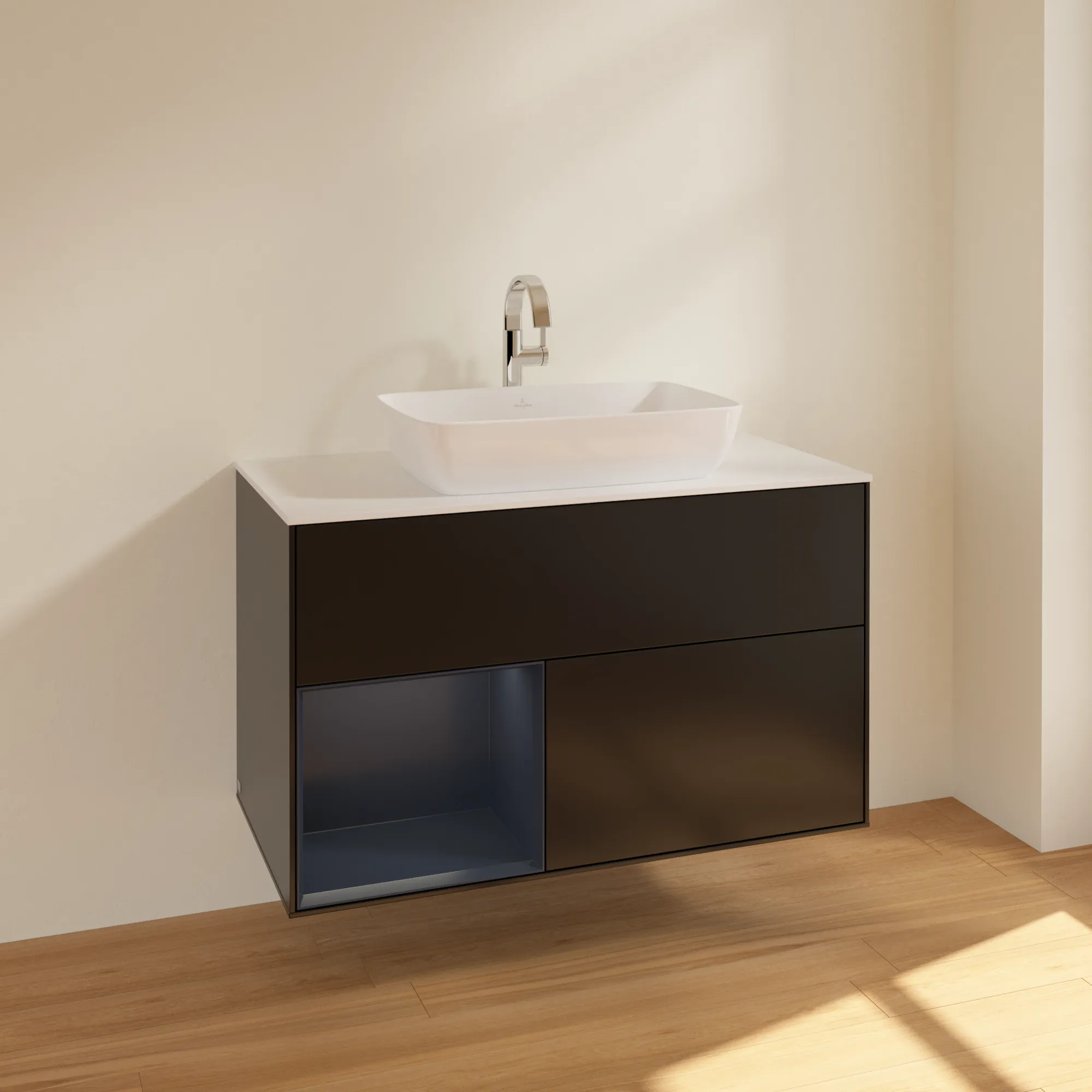 Villeroy & Boch Waschbeckenunterschrank Finion F77, 1000x603x501 mm, Black Matt Lacquer / Midnight Blue Matt Lacquer, mit Beleuchtung und SoftClosing