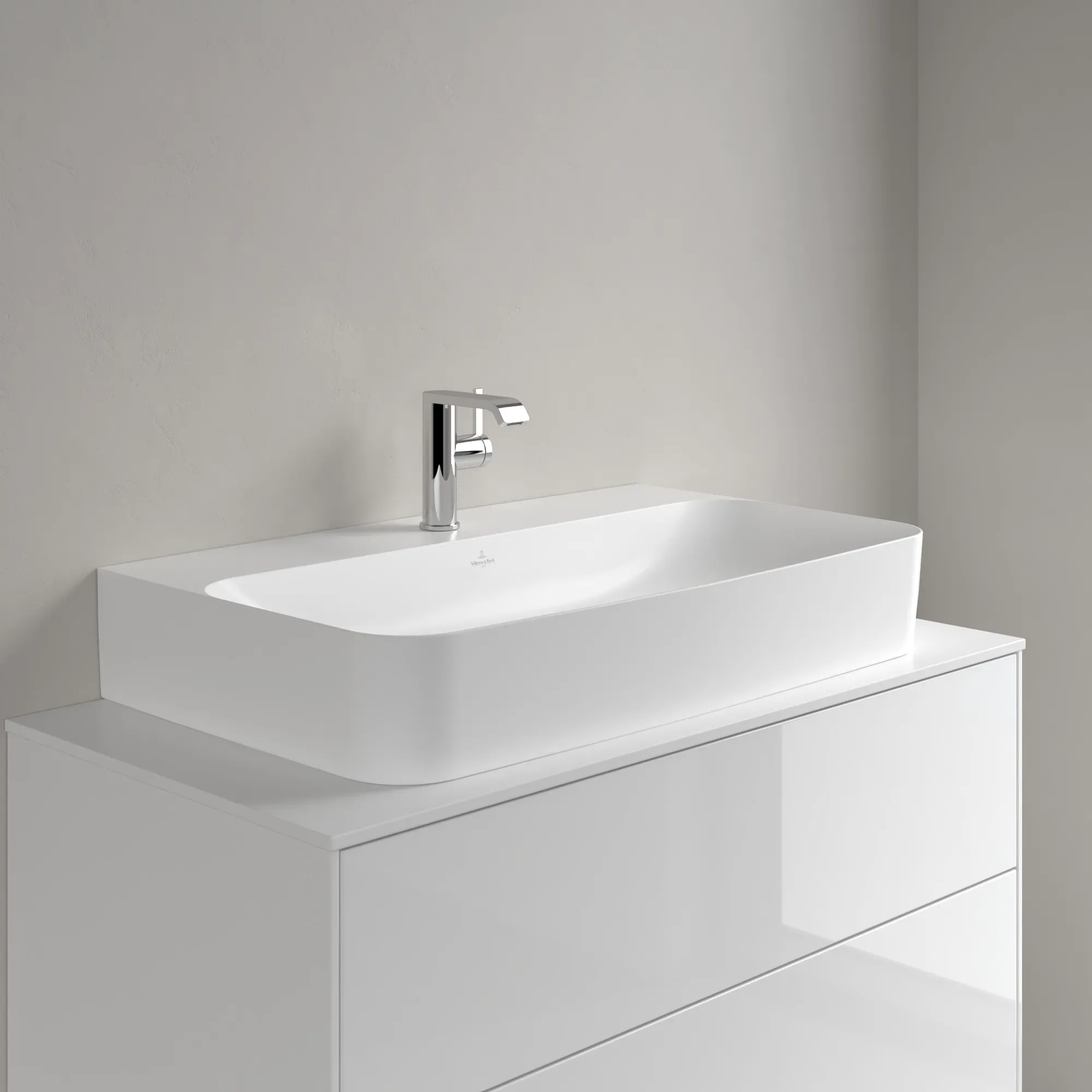 Villeroy & Boch Wandwaschtisch aus TitanCeram geschliffen „Finion“ 800 × 470 × 165 mm, mit Hahnlochbohrung, Hahnlochposition mittig in Stone White, mit CeramicPlus Villeroy & Boch Wandwaschtisch aus TitanCeram geschliffen „Finion“ 800 × 470 × 165 mm, mit Hahnlochbohrung, Hahnlochposition mittig in Stone White, mit CeramicPlus