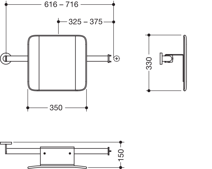 Rückenstütze, System 900, Anbindung Edst. PVD., Lehne Kst., schwarz, Achsmaß verstellbar 616-716 mm, T: 150 mm, einseitig Wandmontage mit Rosetten (rechts), einseitig Montage an SK-Griffen, Design (A) (links), in Farbe CK (messing glänzend)