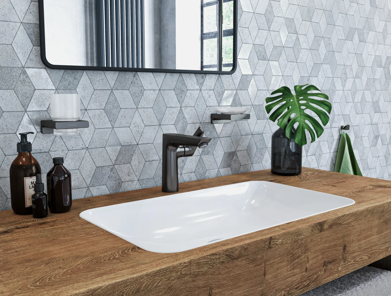 Hansgrohe AddStoris Q Zahnputzbecher Brushed Black Chrome Wandmontage Metall Mattglas Befestigungsmaterial verdeckte Befestigung Bohrabstand 26 mm Bohrloch 6 mm