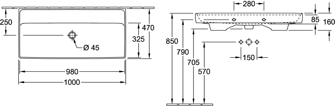 Villeroy & Boch Schrankwaschtisch aus TitanCeram „Collaro“ 1000 × 470 × 160 mm, ohne Hahnlochbohrung in Weiß Alpin